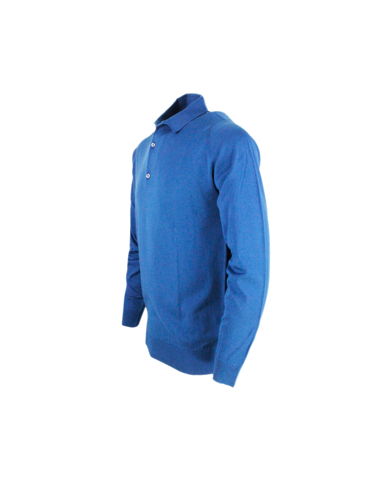 John Smedley Long-sleeved Polo Shirt In Cotton Thread With 3-button Closure - Blu