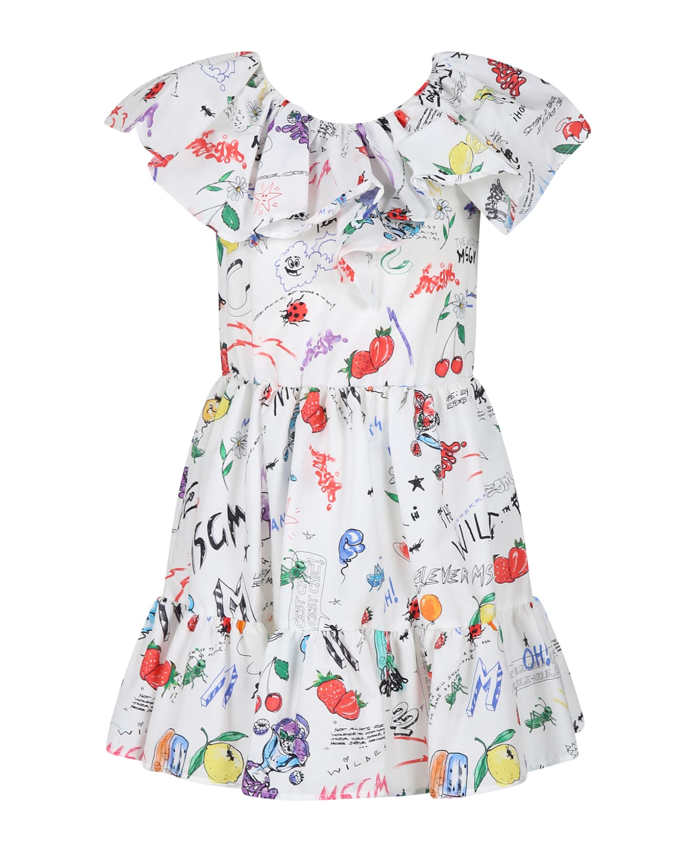 MSGM White Dress For Girl With Comic Print - White