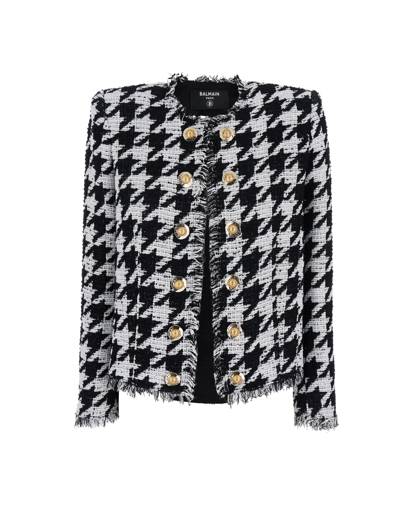 Balmain 
spencer
 Black And White Jacket With All-over Check Motif And Fringed Hem In Cotton Blend Woman - White/black