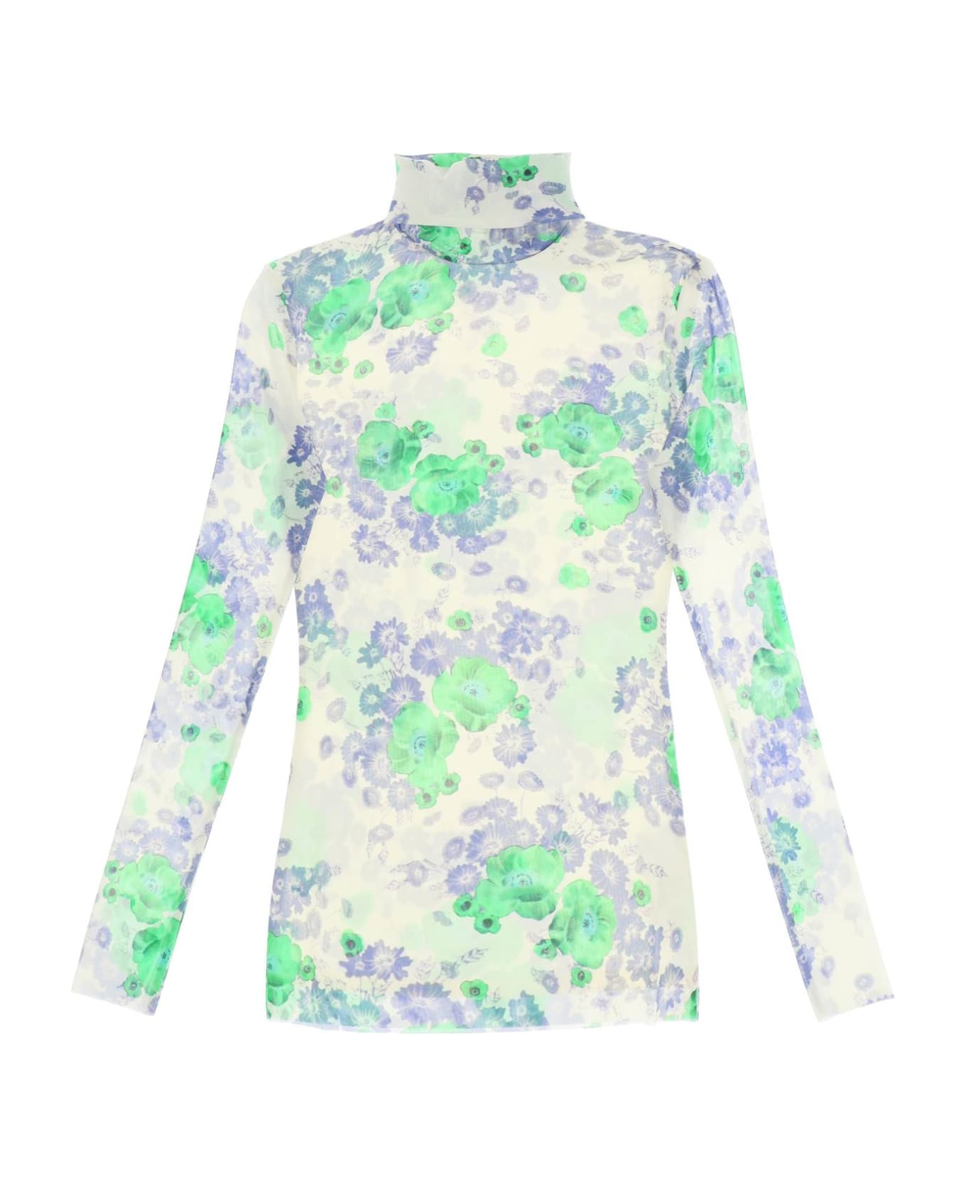 Ganni Long-sleeved Top In Mesh With Floral Pattern - EGRET (White) トップス