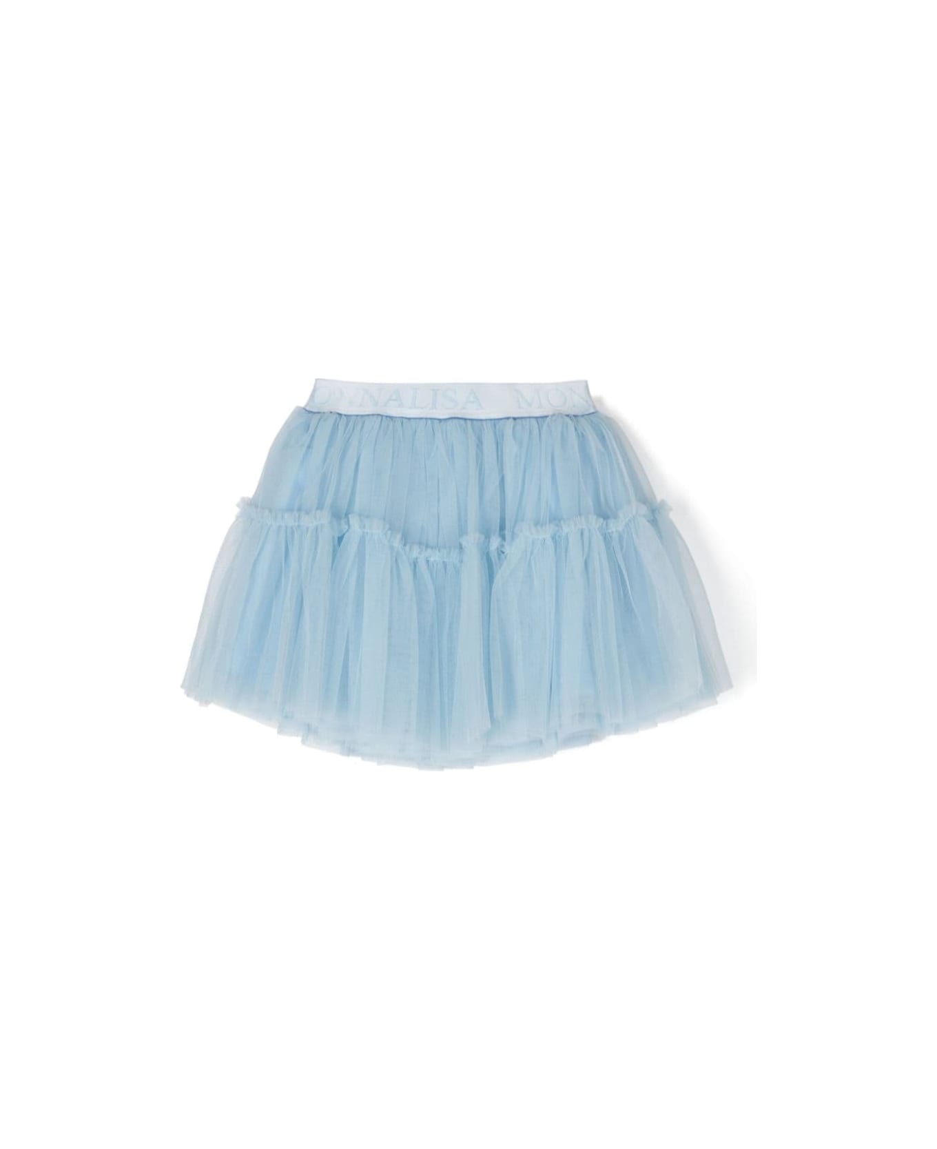Monnalisa Light Blue Flounced Skirt With Branded Band In Polyamide Girl - Light blue ボトムス