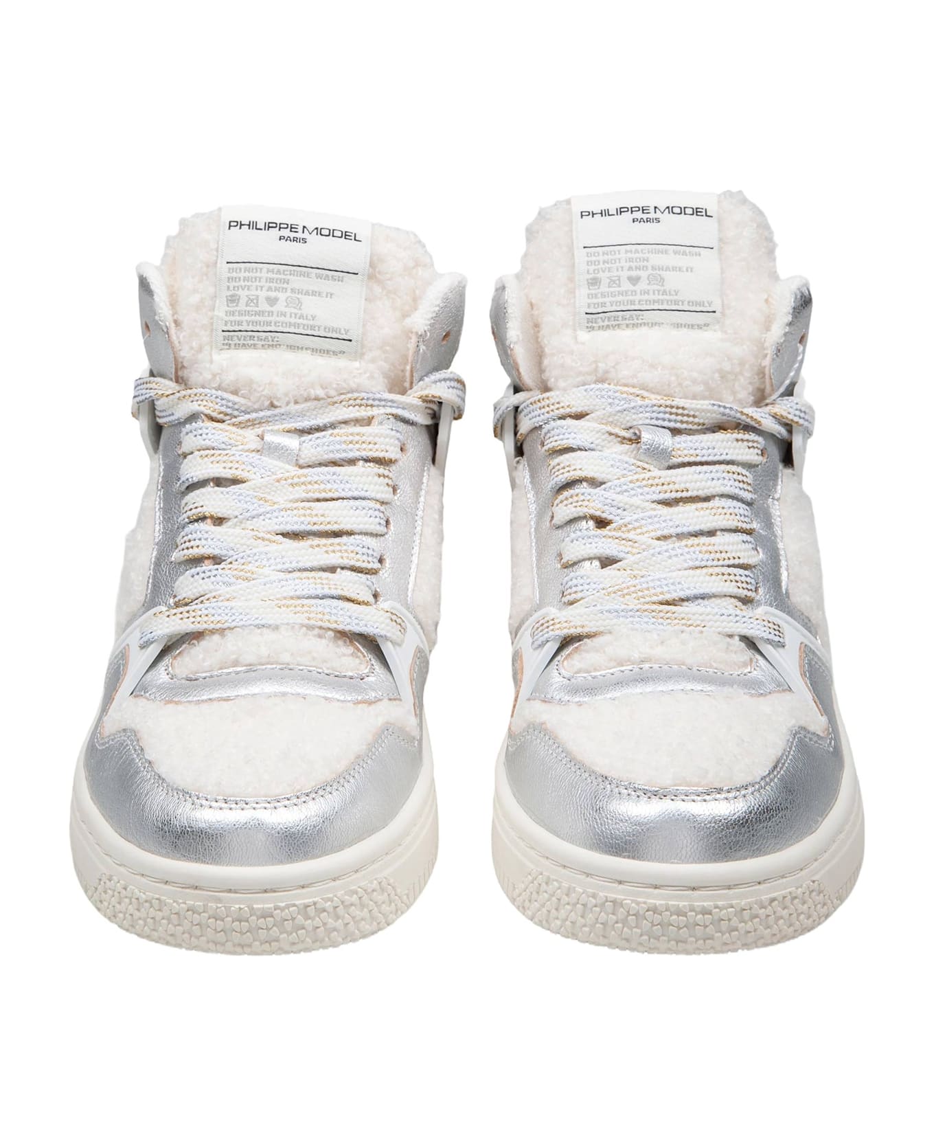 Philippe Model Sneakers La Grand Mid In Leather And Faux Sheepskin - WHITE