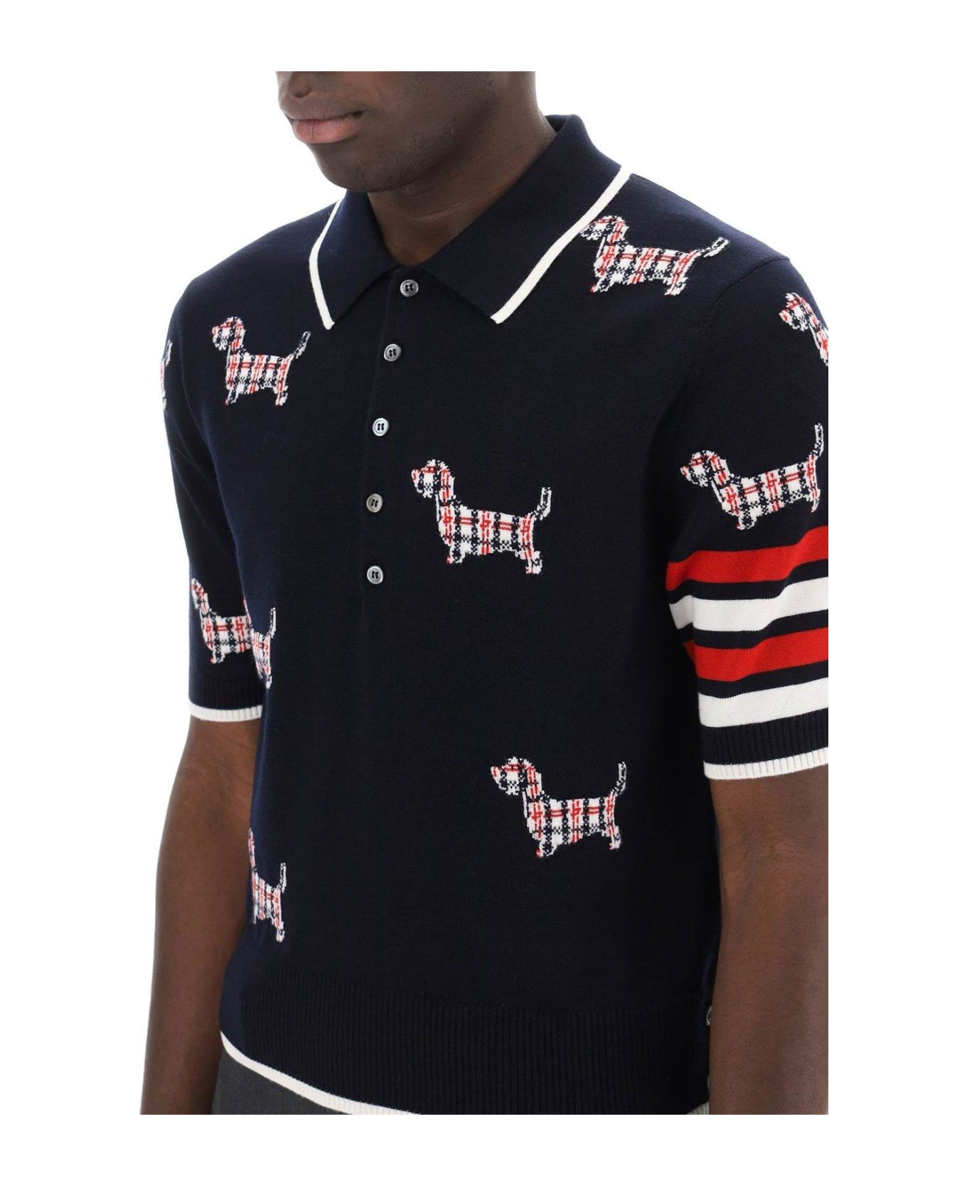Thom Browne Hector Intarsia-knit Short Sleeved Polo Top - NAVY
