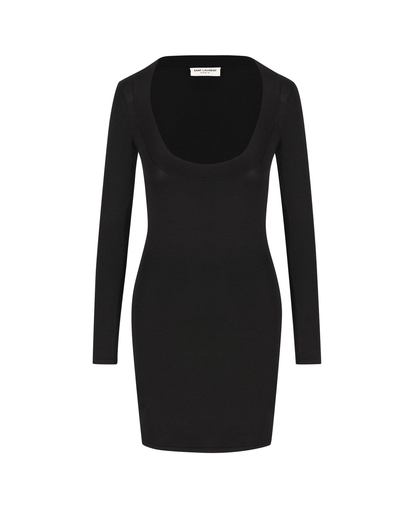 Saint Laurent Plunging Round Neck Long-sleeved Dress - BLACK