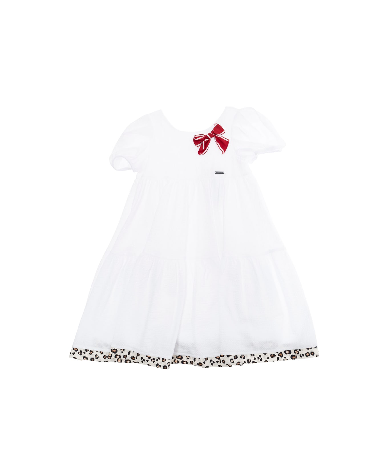 Monnalisa 
capri
 White Flared Dress With Maxi Bow On The Front And Leopard Hem In Cotton Girl - White