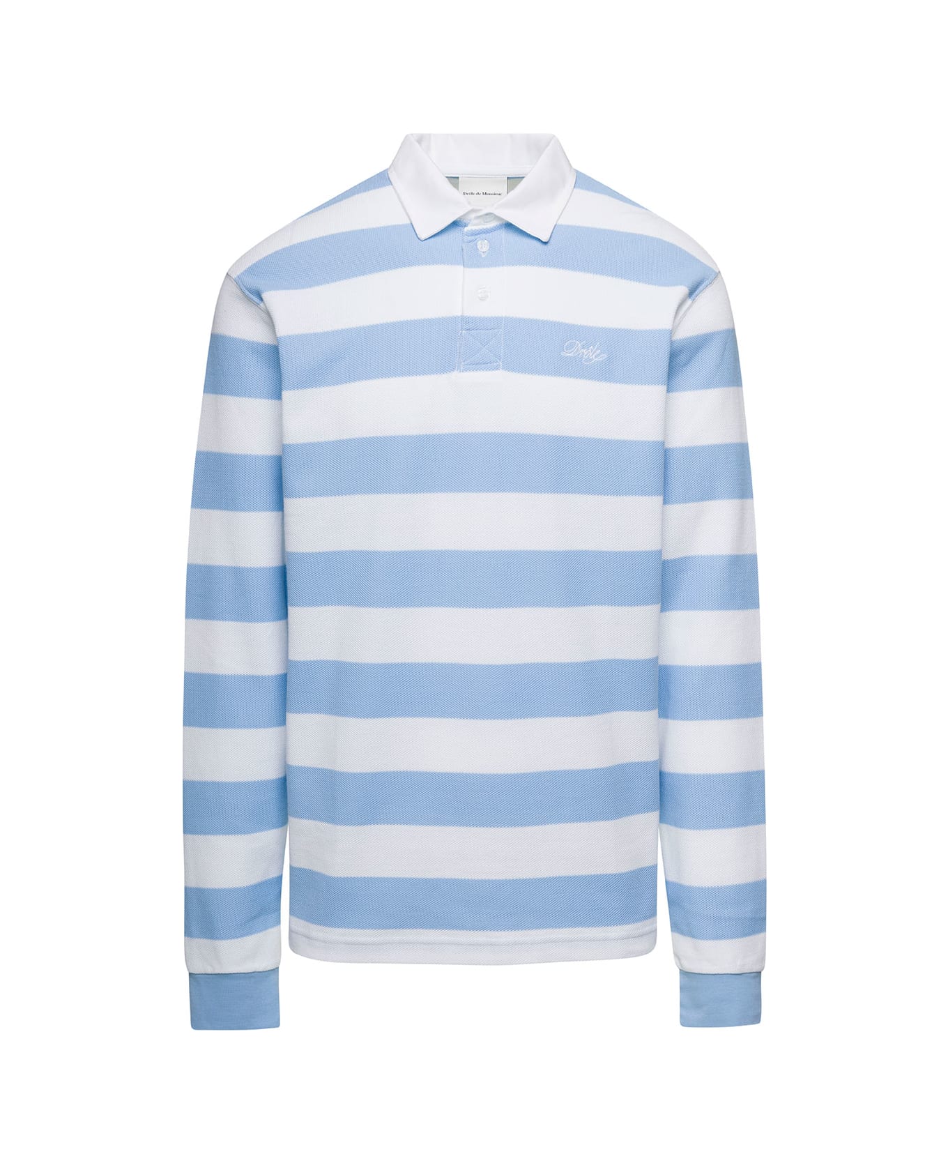 Drôle de Monsieur Light Blue And White Striped Polo Shirt With Logo Embroidery In Cotton Man - Light blue ポロシャツ