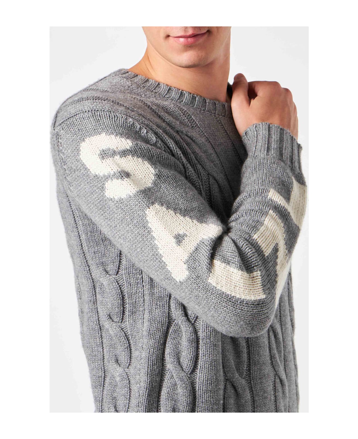 MC2 Saint Barth Man Heavyweight Creweneck Braided Grey Sweater - GREY