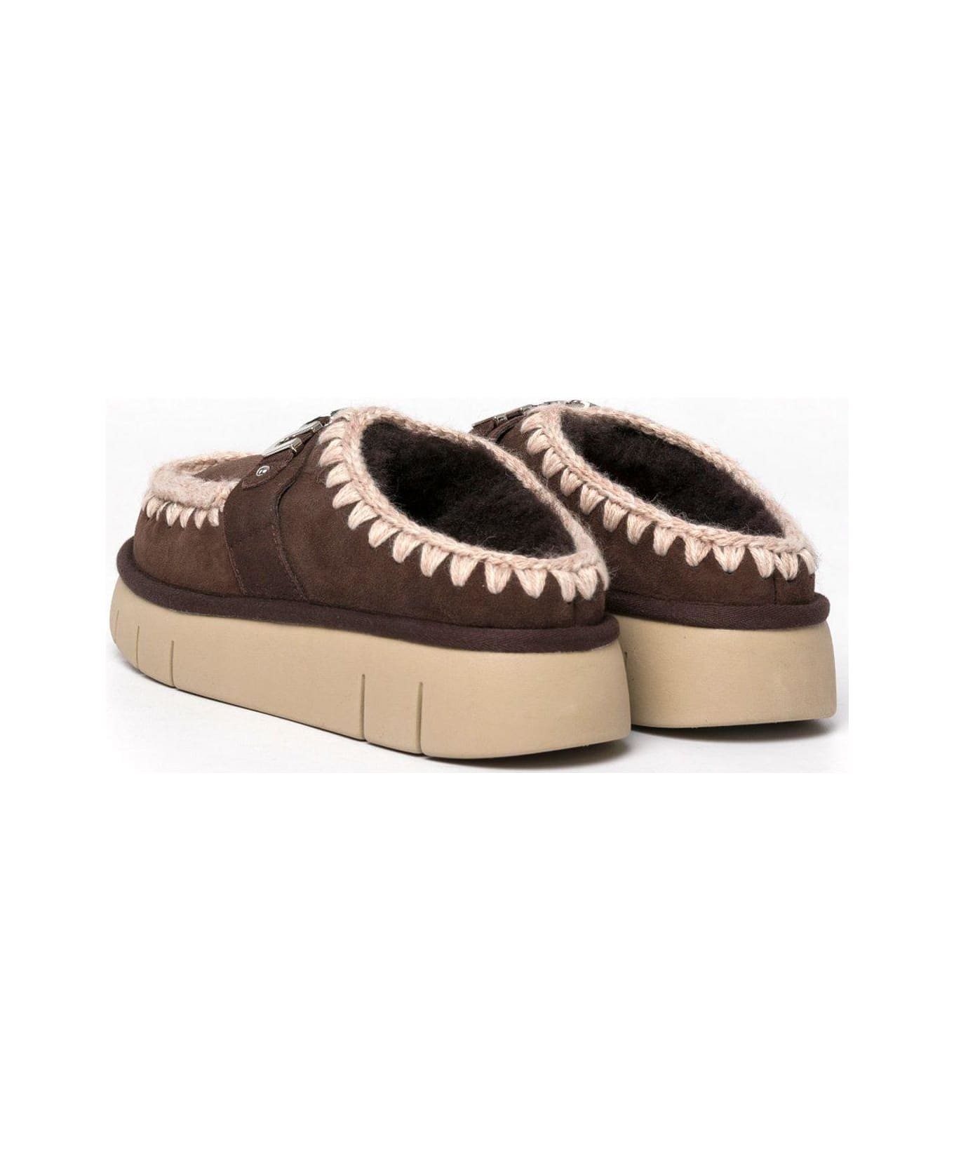 Mou Logo-lettering Round-toe Slippers - Brown
