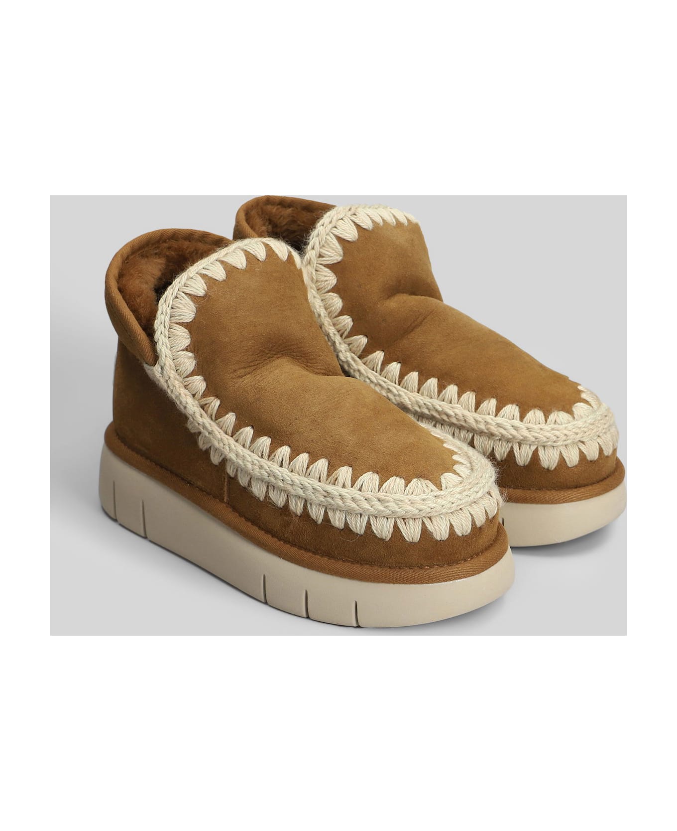 Mou Eskimo Bounce Low Heels Ankle Boots In Brown Suede - brown