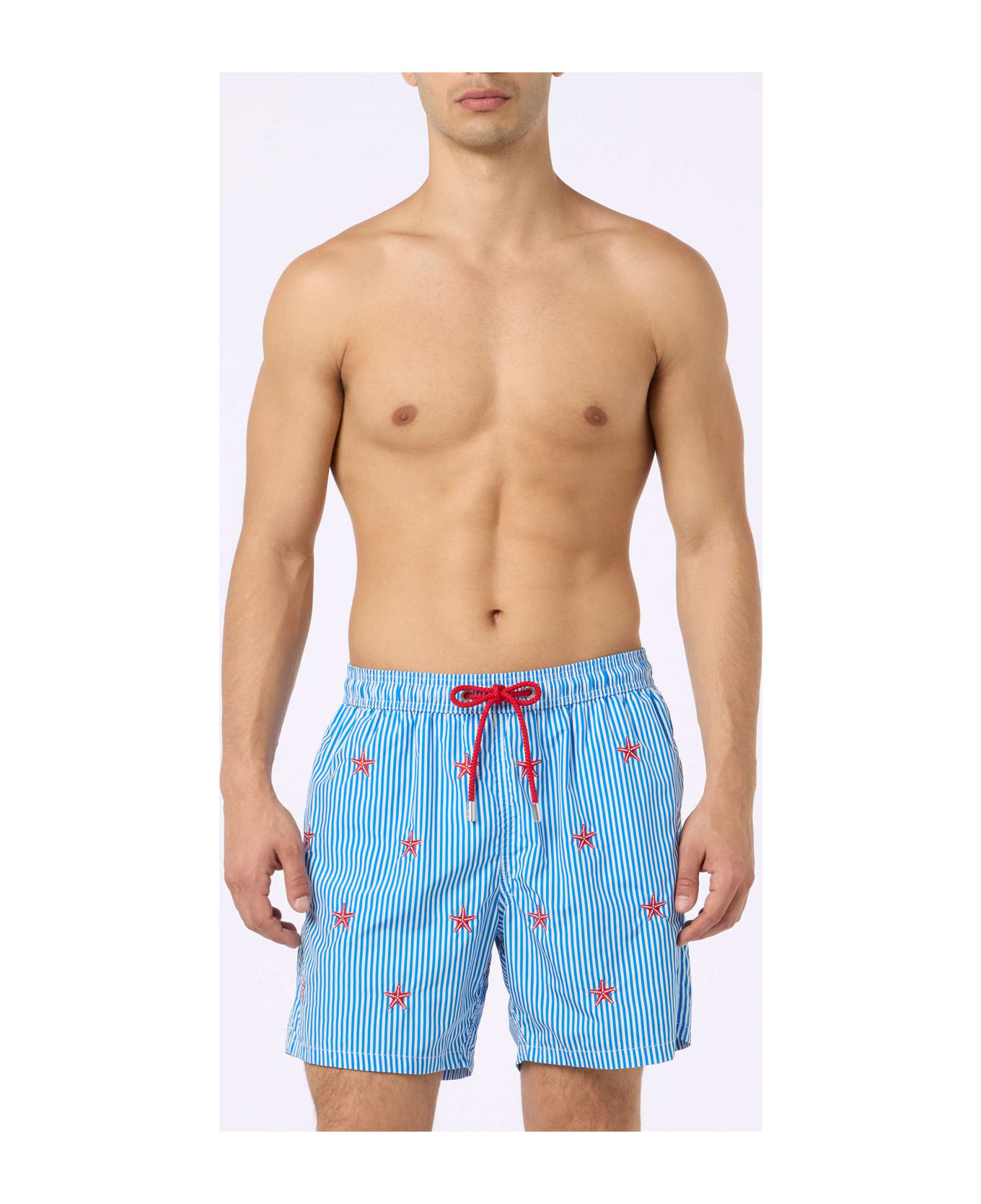 MC2 Saint Barth Man Lightweight Fabric Swim-shorts Lighting With Seastars Embroidery - BLUE