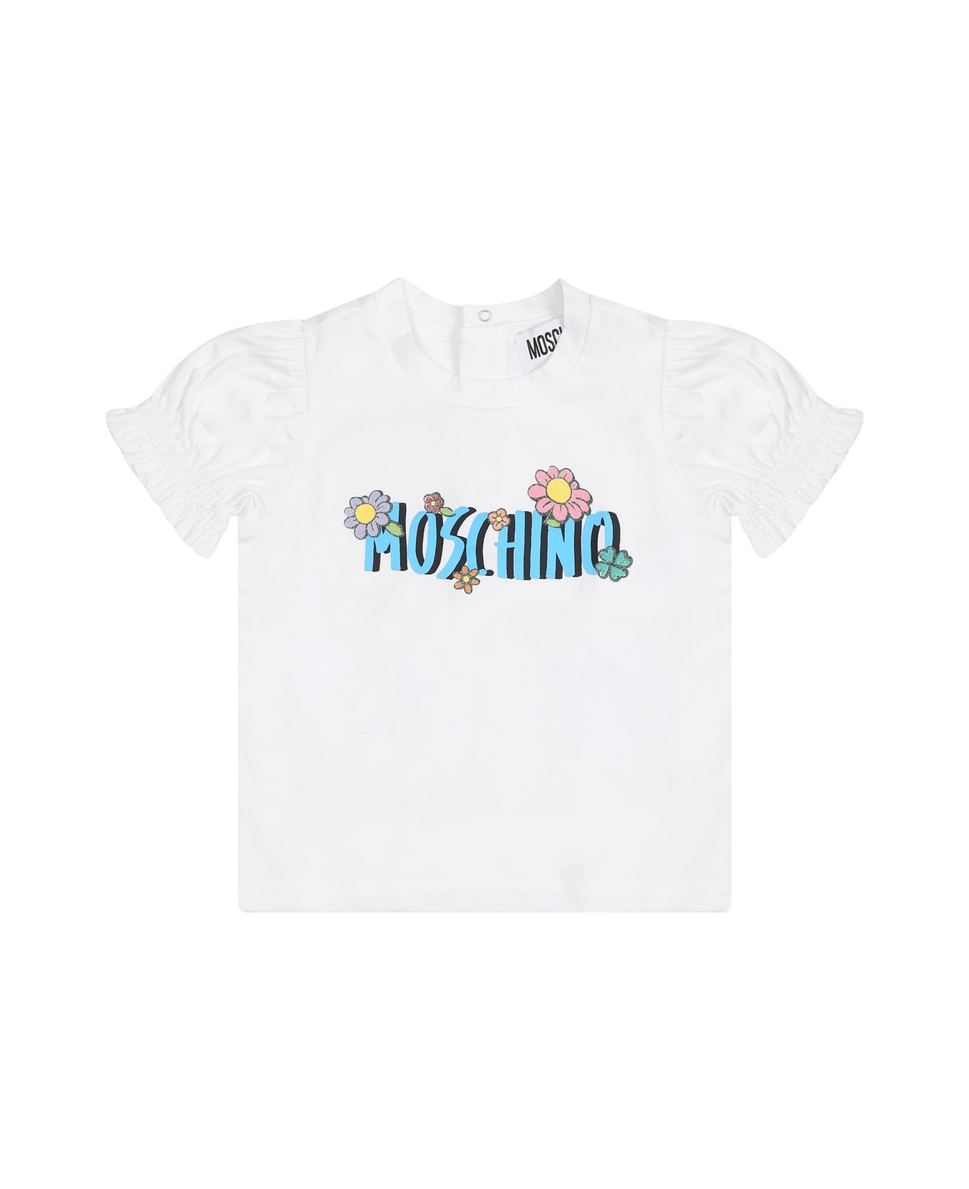 Moschino White T-shirt For Baby Girl With Logo And Flowers - White