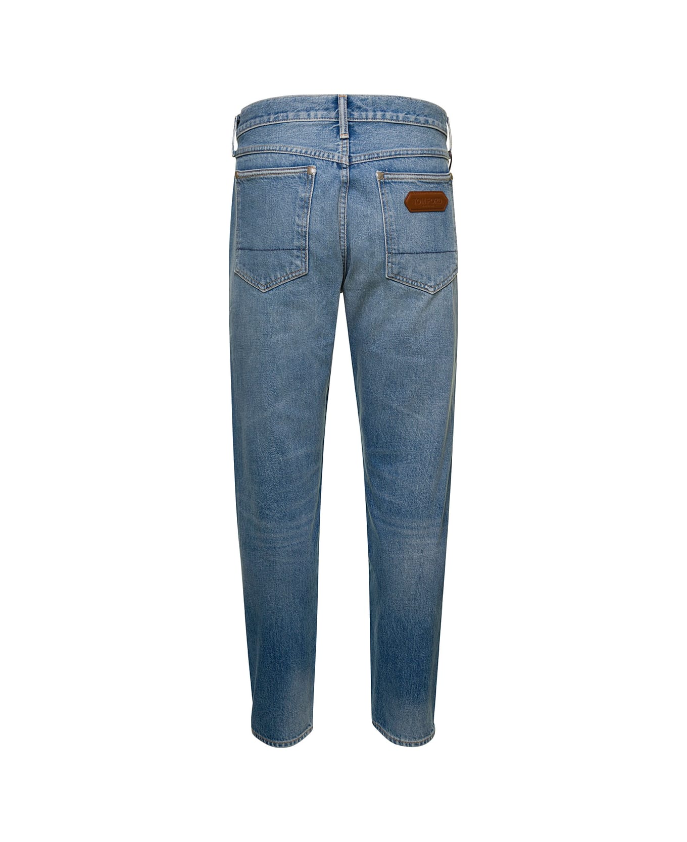 Tom Ford Light Blue 5-pocket Style Jeans With Rips And Logo Patch In Cotton Denim Man - Blu