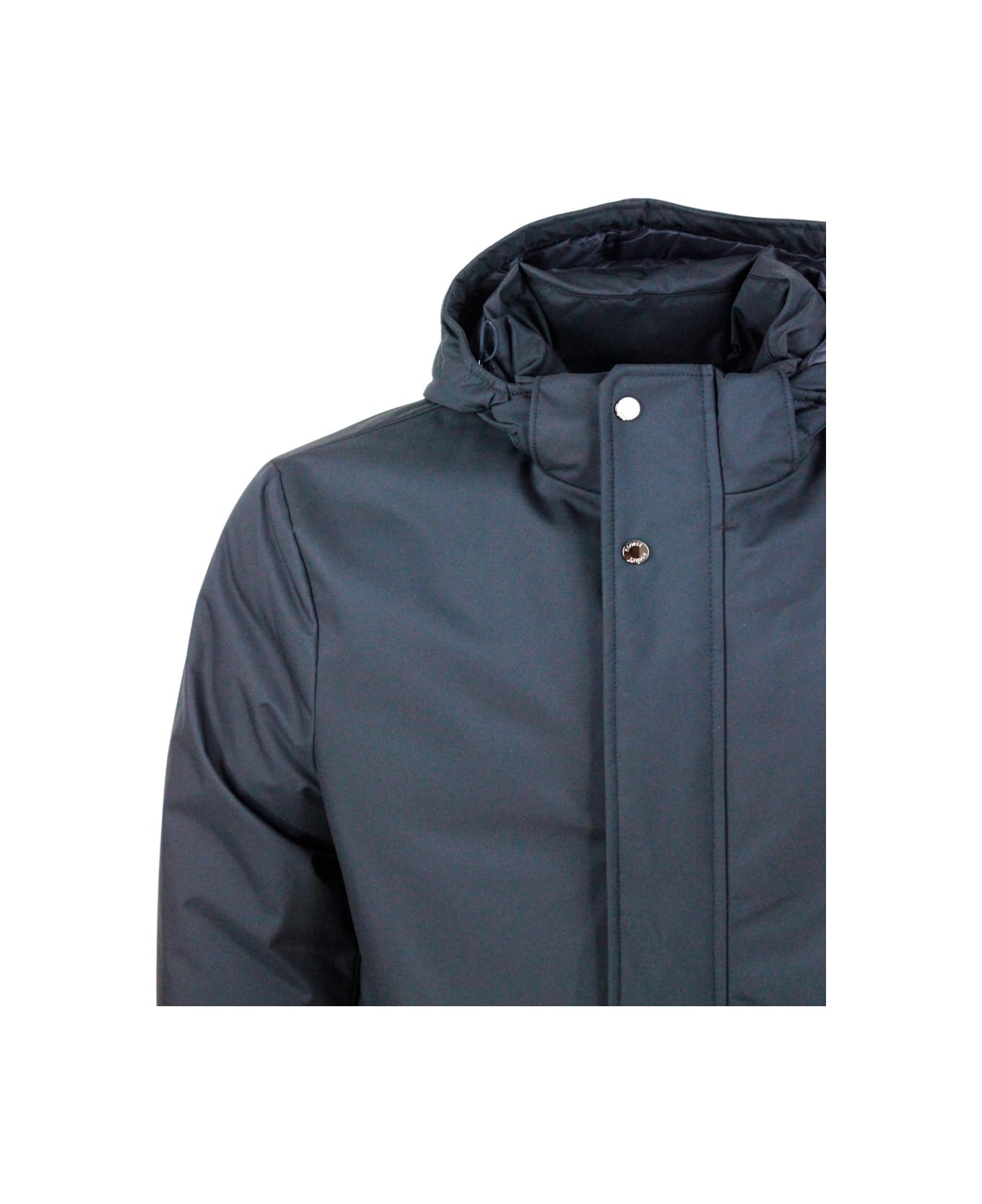 Moorer Duster Jacket Padded With Real Goose Down Made Of Waterproof Technical Gabardine. Zip And Button Closure. Removable Hood - Blu