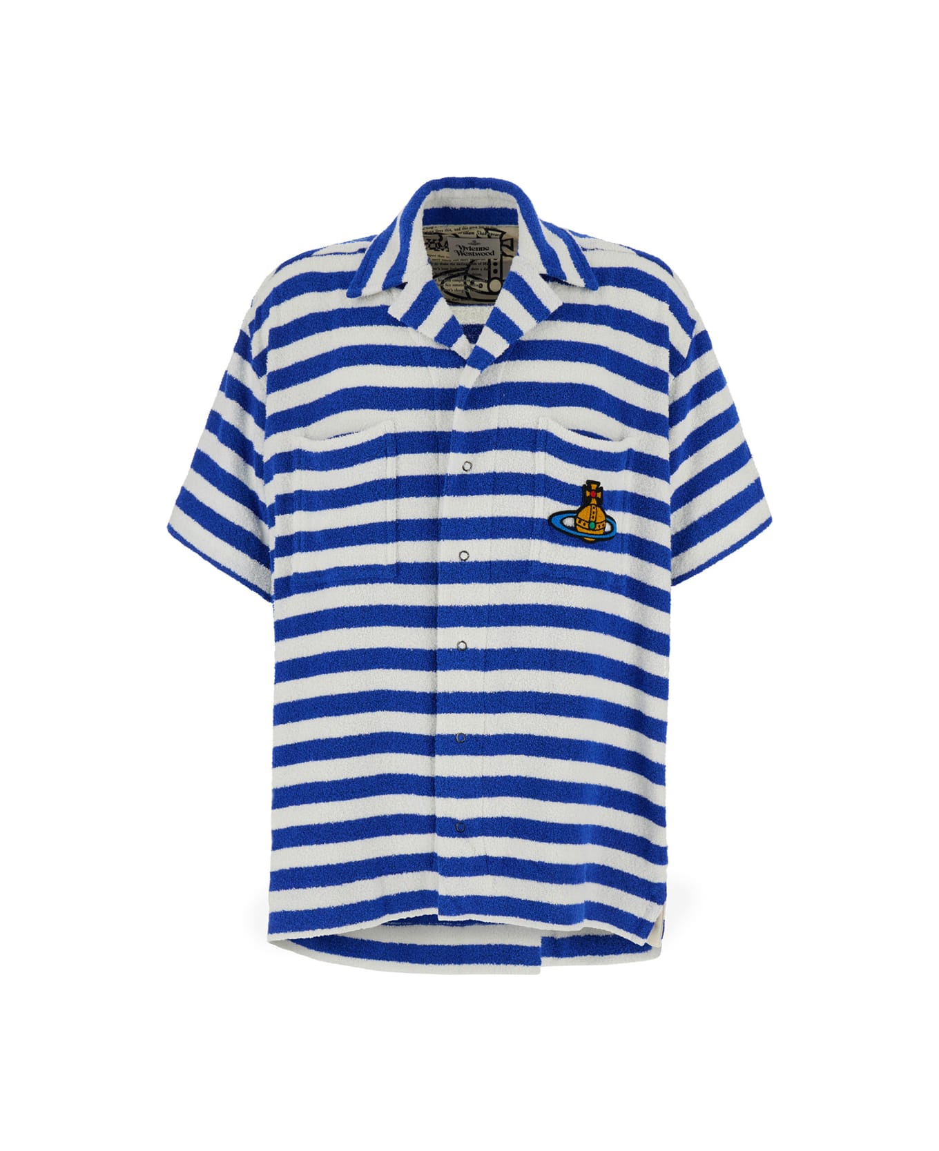 Vivienne Westwood Blue And White Striped Bowling Shirt With Orb Embroidery In Cotton Blend Man - WHITE