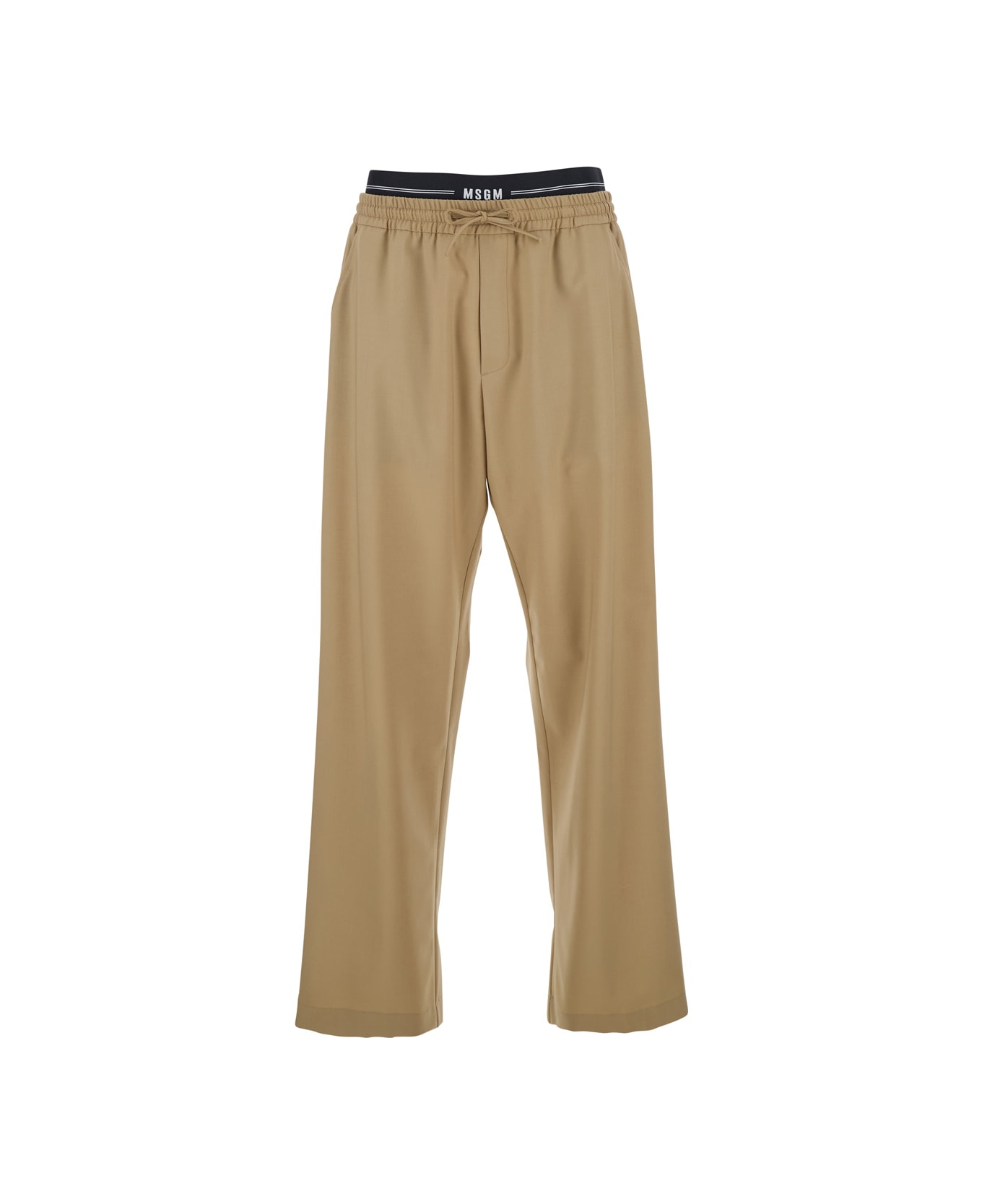 MSGM Beige Pants With Elastic Drawstring Waist In Wool Stretch Man - Beige