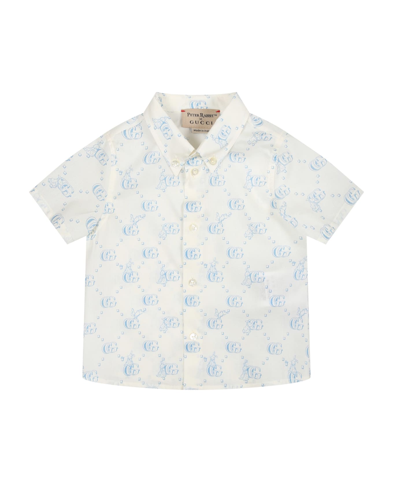 Gucci White Shirt For Baby Girl With Light Blue Gg And Rabbit Logo - White シャツ