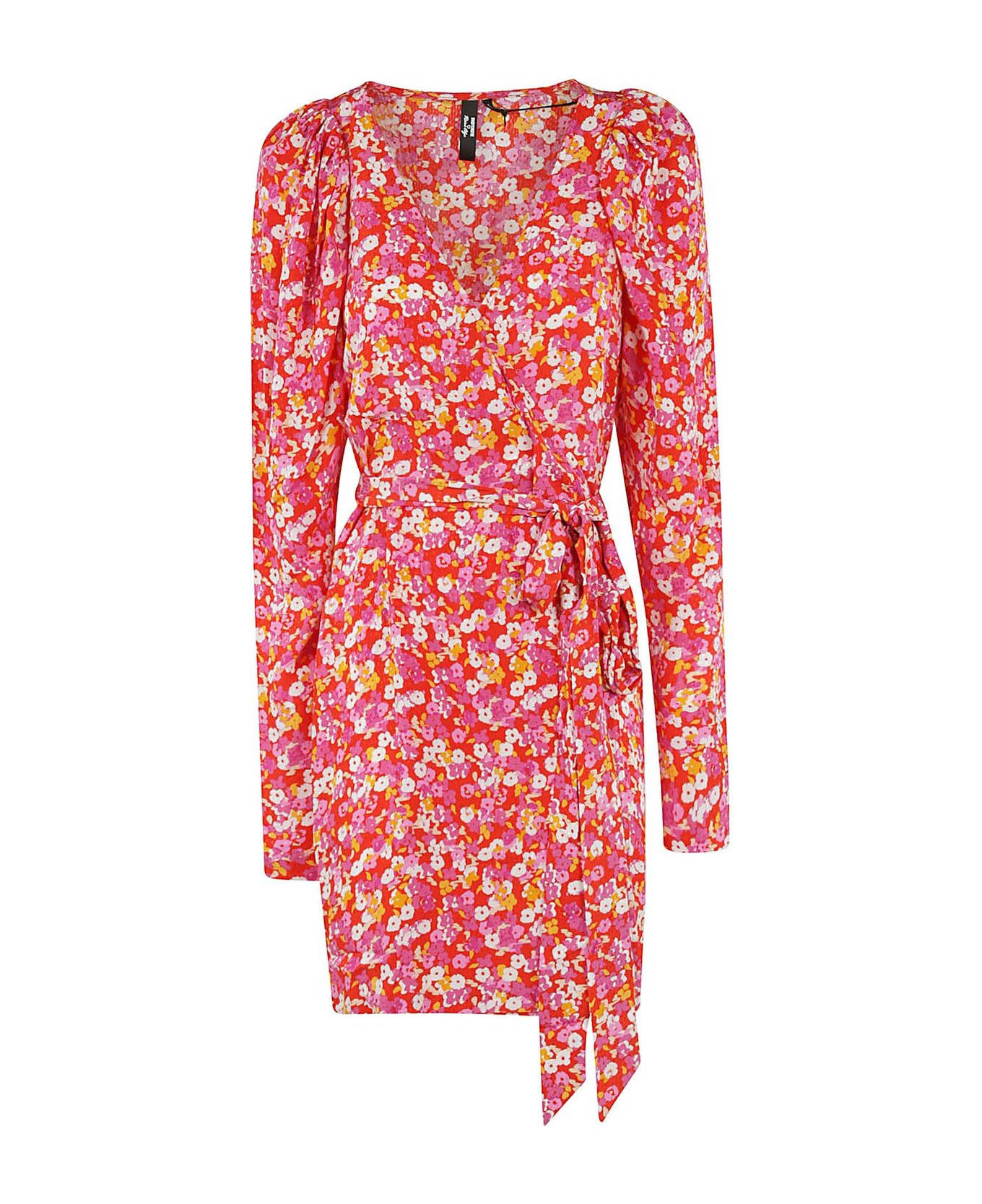 Rotate by Birger Christensen Jacquard Flower Printed Mini Wrap Dress - Acid Flower Aop+Fiery Red