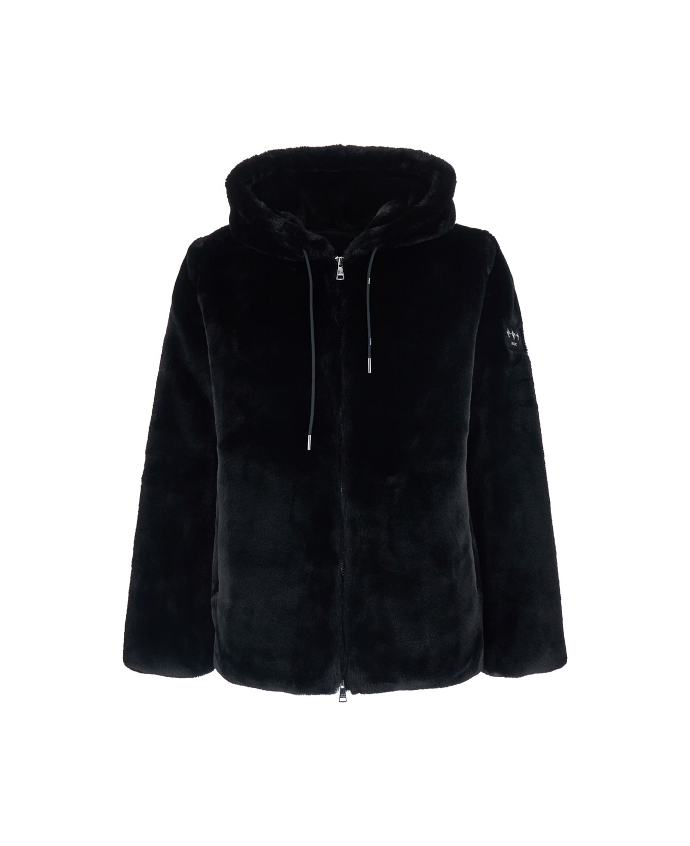 TATRAS Black Hooded Jacket With Drawstring And Logo Patch On The Sleeve In Faux Fur Man - Black