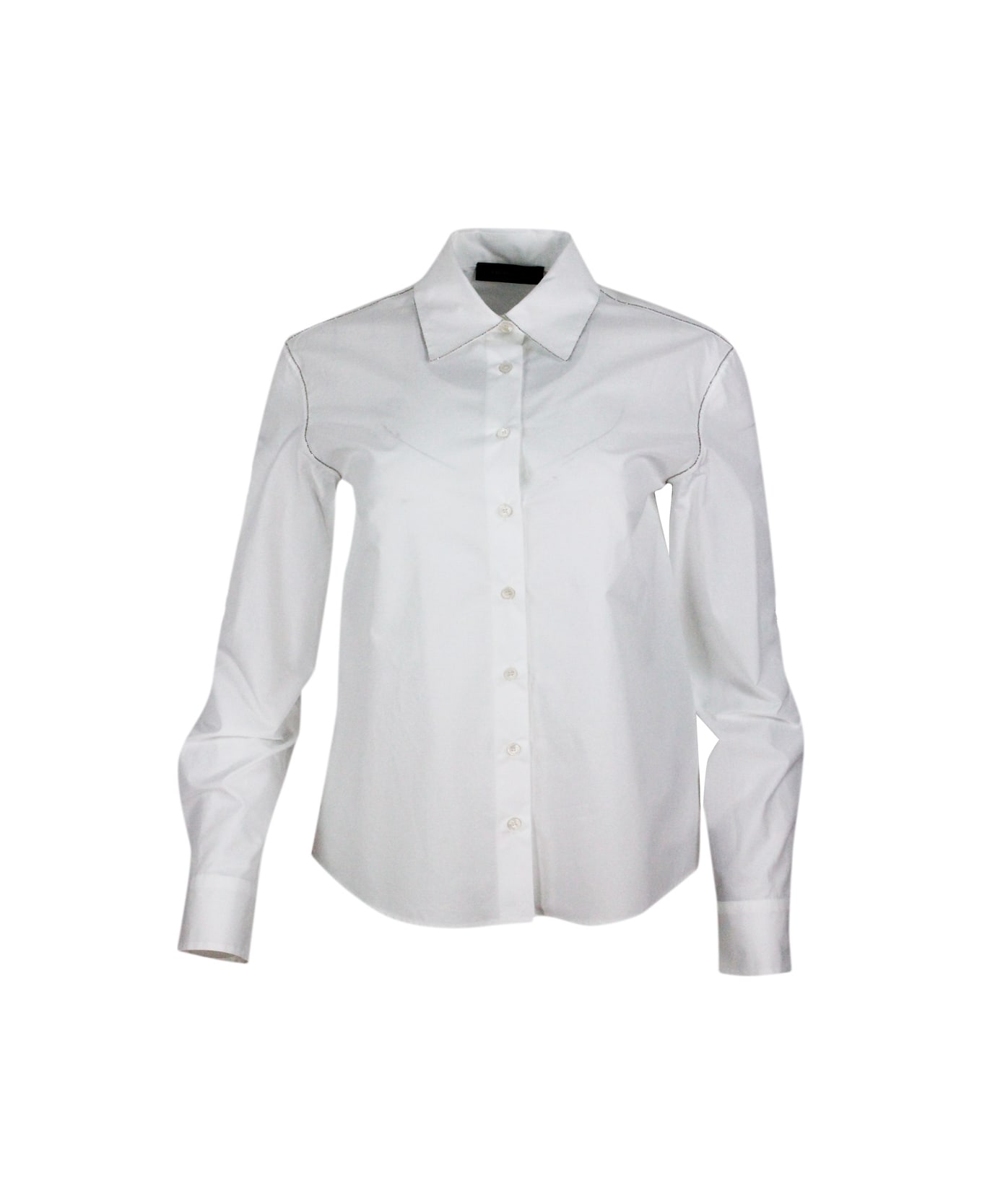 Fabiana Filippi Long-sleeved Shirt In Stretch Cotton Poplin With A Slim Fit Trimmed With Rows Of Brilliant Jewels - White