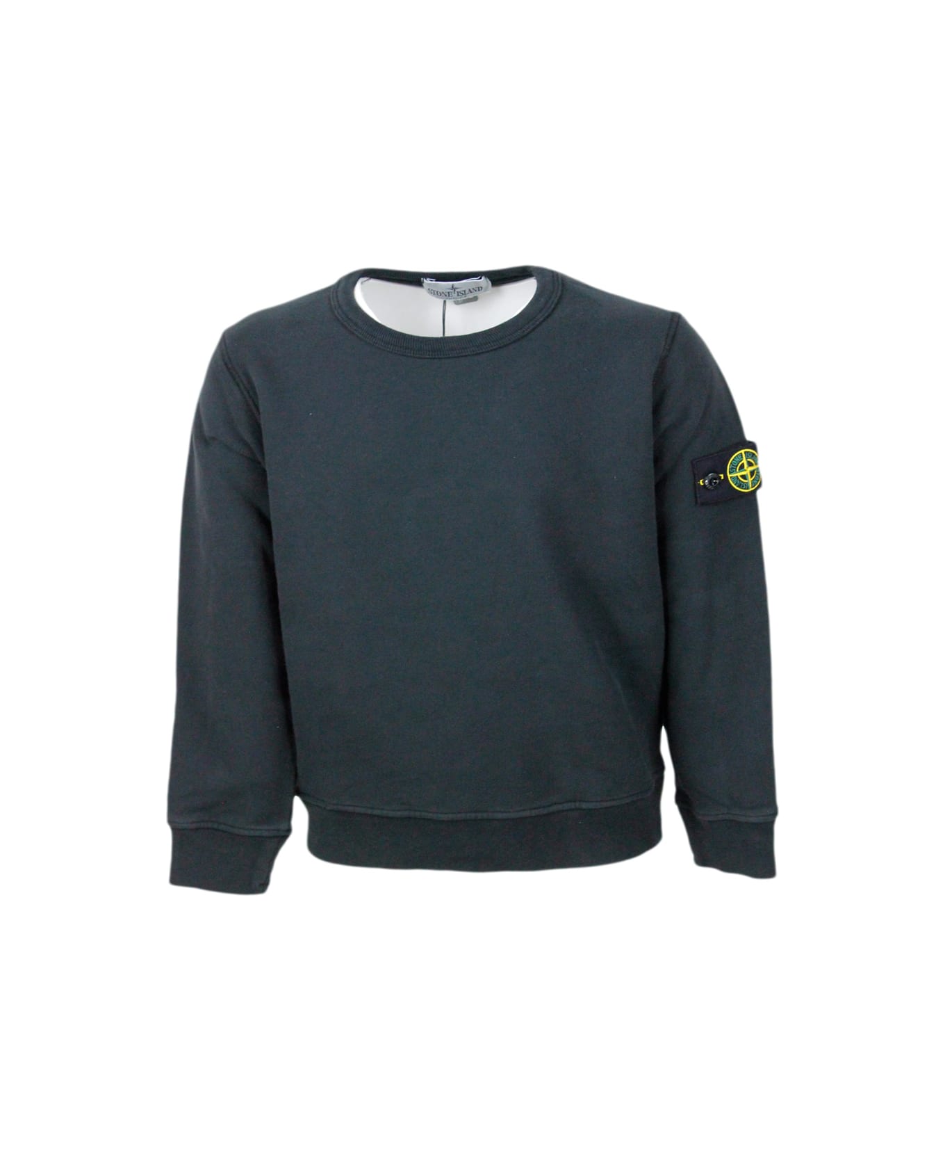 Stone Island Junior Long-sleeved Crewneck Sweatshirt In Stretch Cotton With Badge On The Left Sleeve - Black