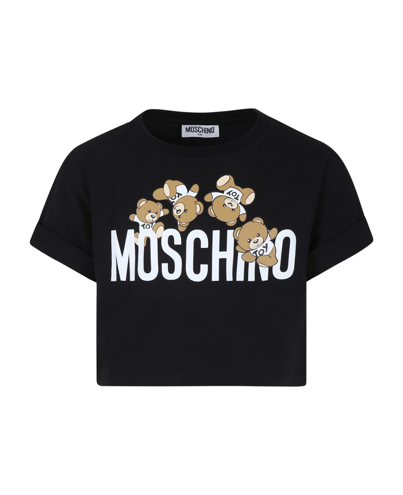Moschino Black Crop T-shirt For Girl With Teddy Bears And Logo - Black