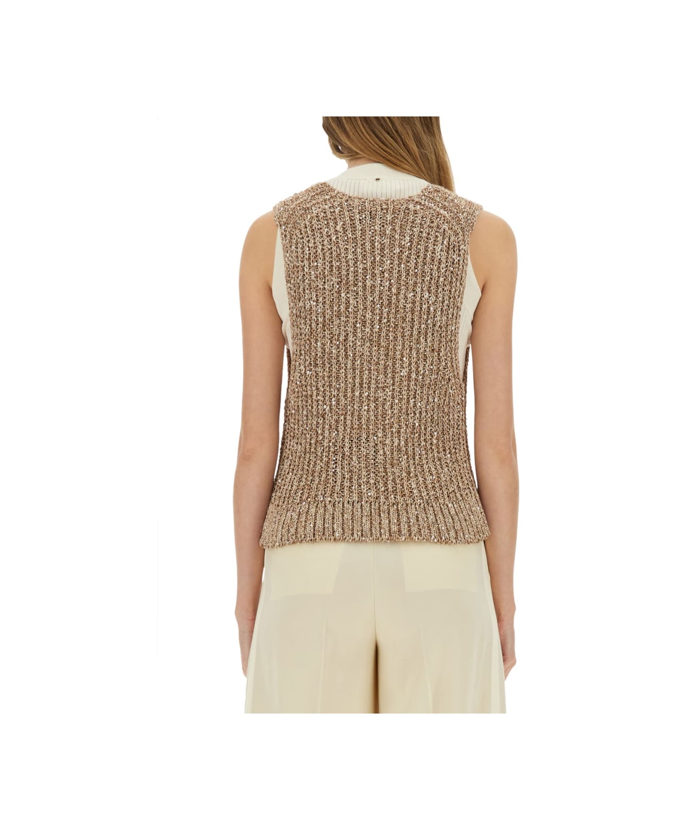 Alysi Tricot Vest With Sequins - BEIGE