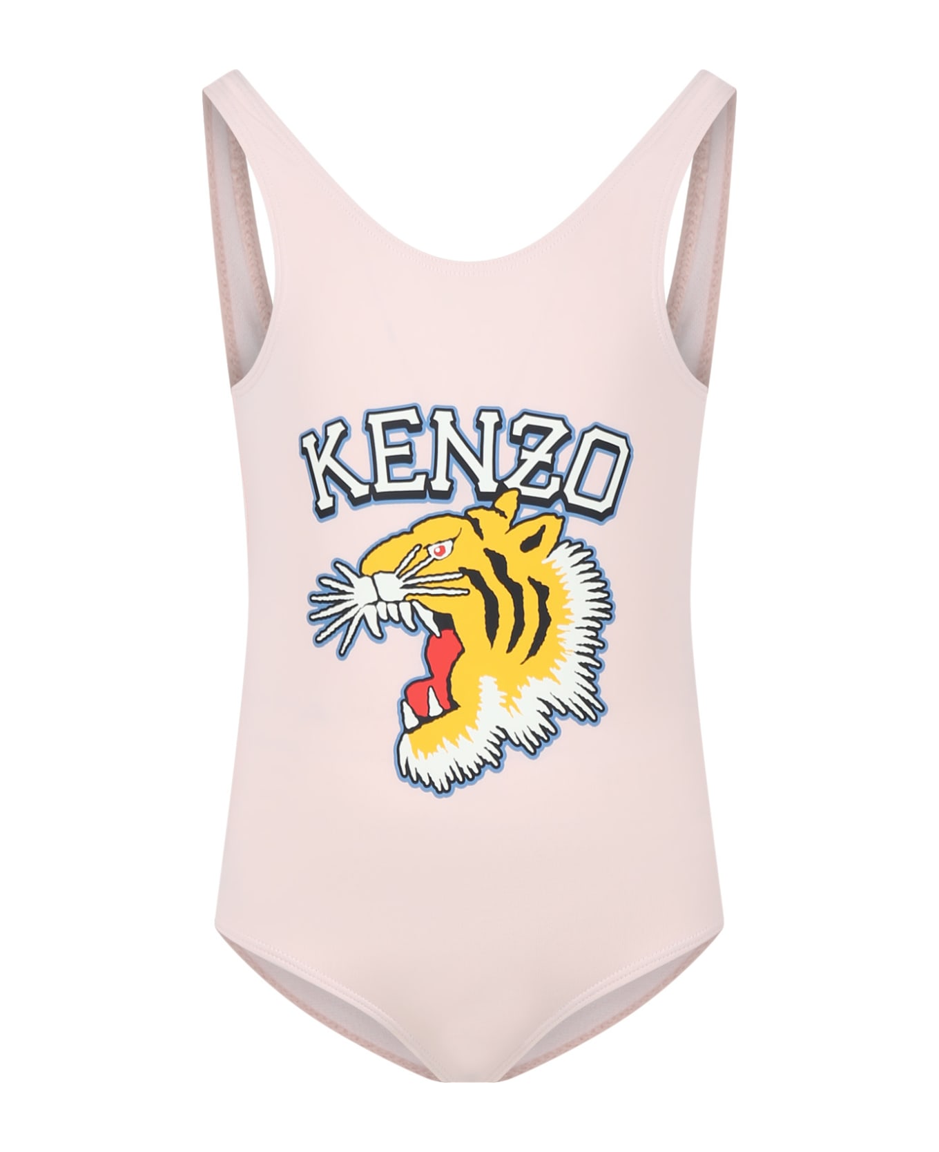 Kenzo Kids Pink Swimwuit For Girl With Print And Logo - Pink