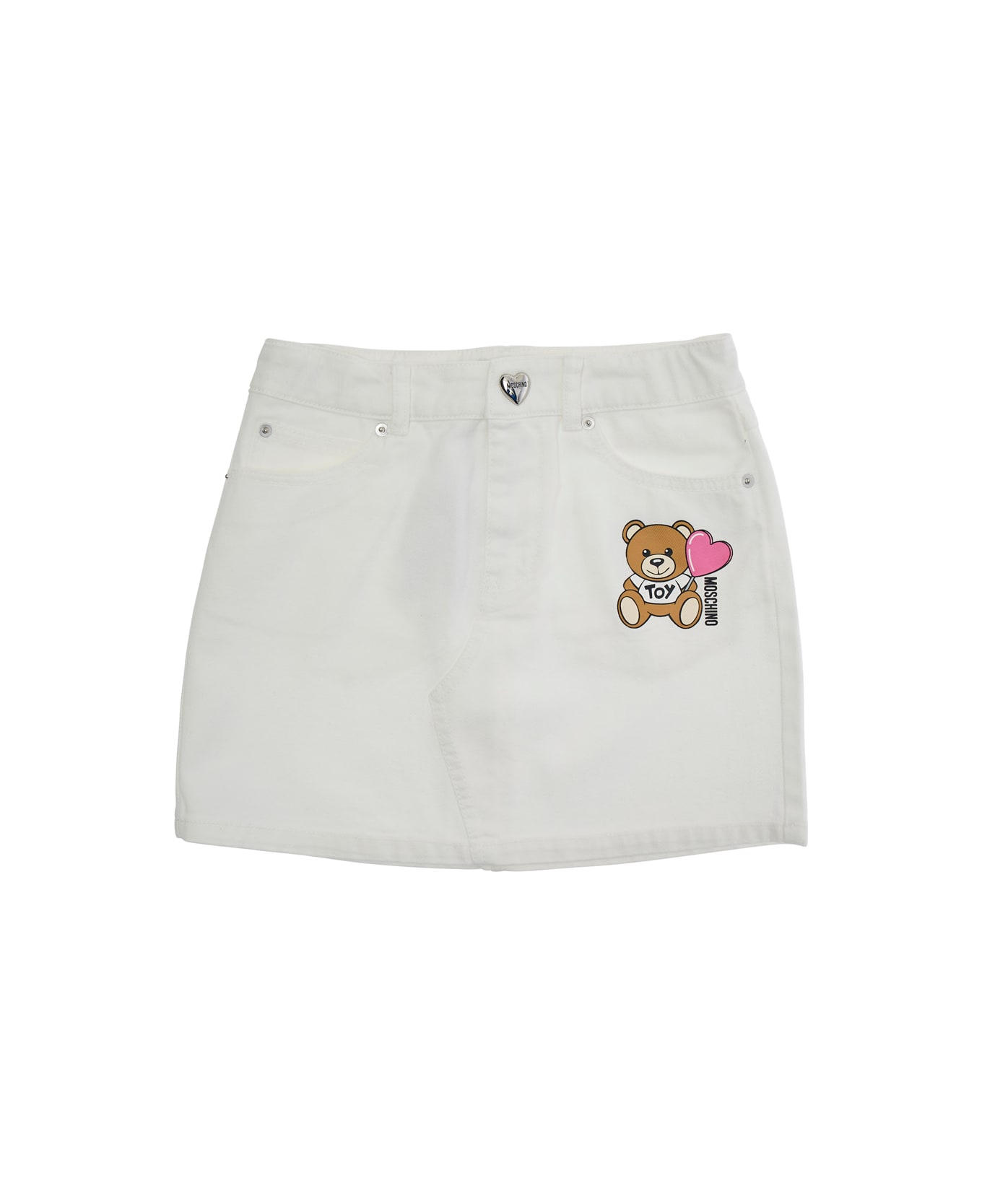 Moschino White Skirt With Teddy Bear Motif On The Front In Denim Girl - White