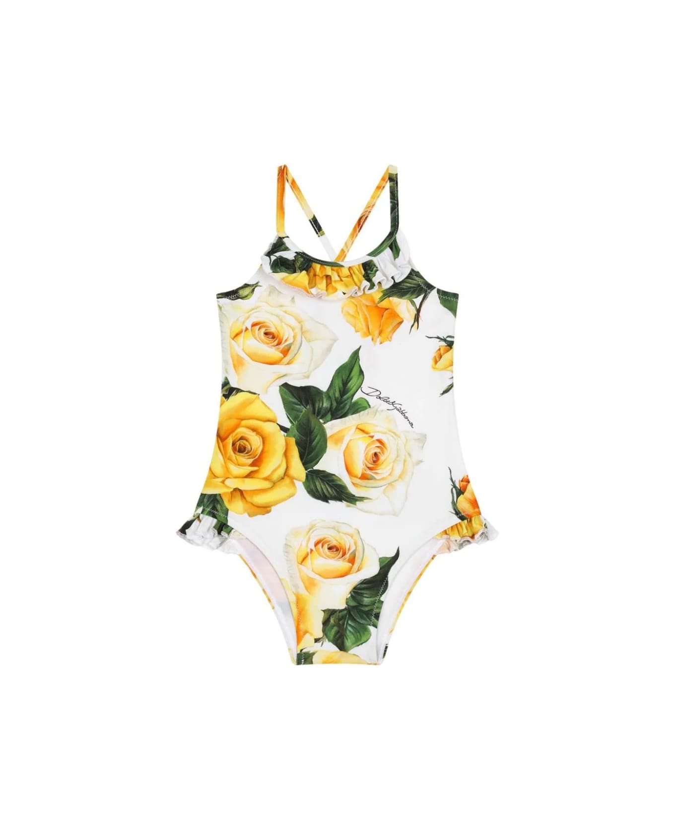 Dolce & Gabbana White One-piece Swimwear With Yellow Rose Print - Yellow 水着