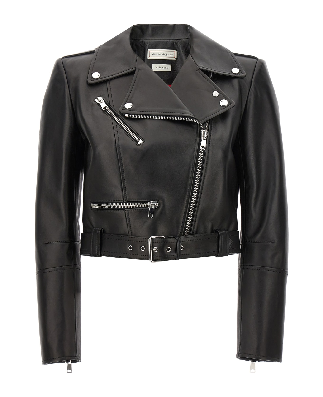 Alexander McQueen Cropped Biker Jacket With Matching Belt In Smooth Leather - Black