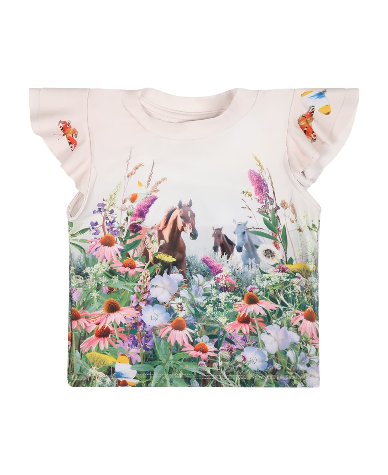 Molo Ivory Anti Uv T-shirt For Baby Girl With Horses And Flowers Print - Ivory Tシャツ＆ポロシャツ