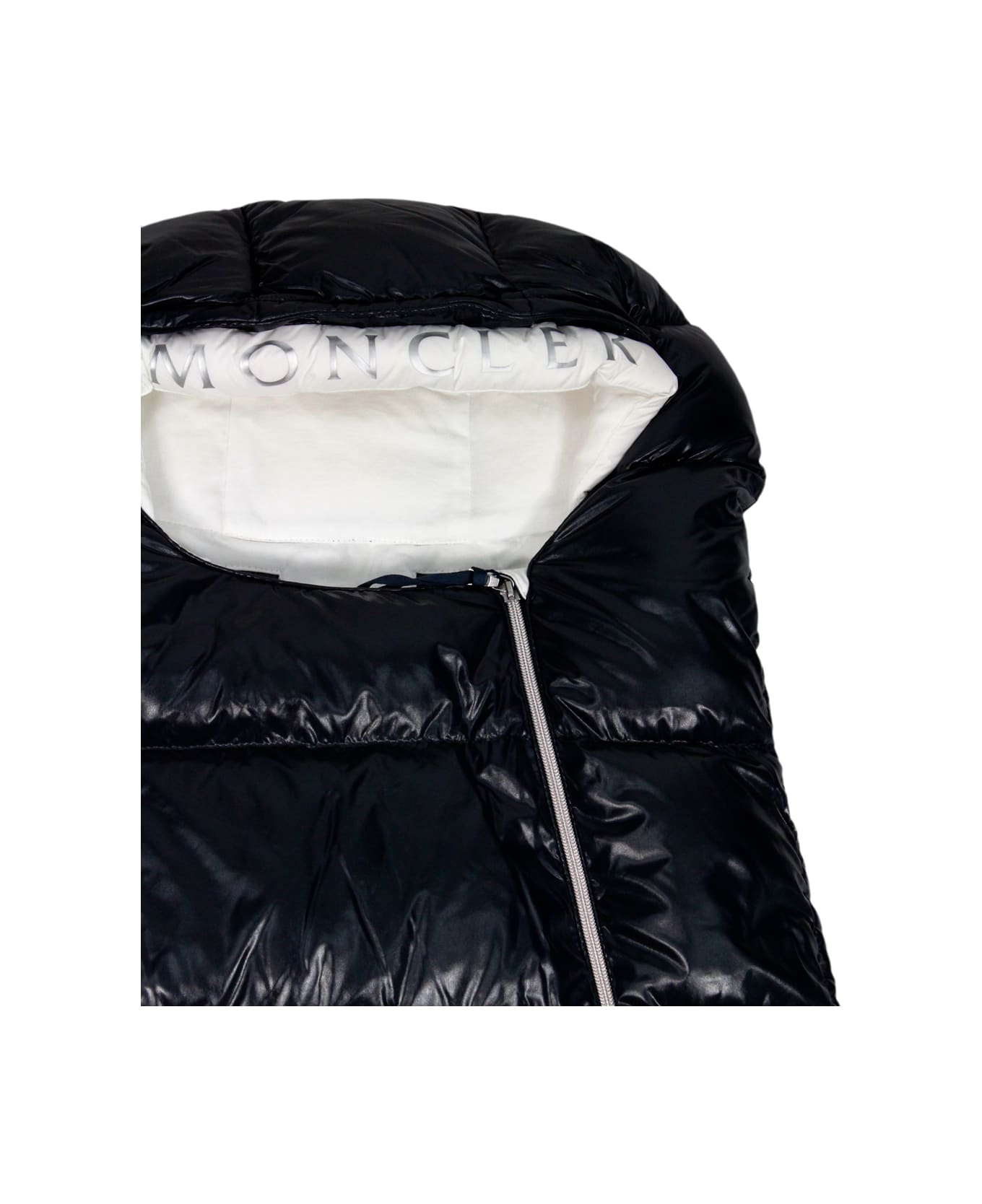Moncler Baby Carrier Padded With Real Goose Down With Side Opening That Opens Completely With Writing On The Hood Profile And Internal Breathable Cotton - Blu
