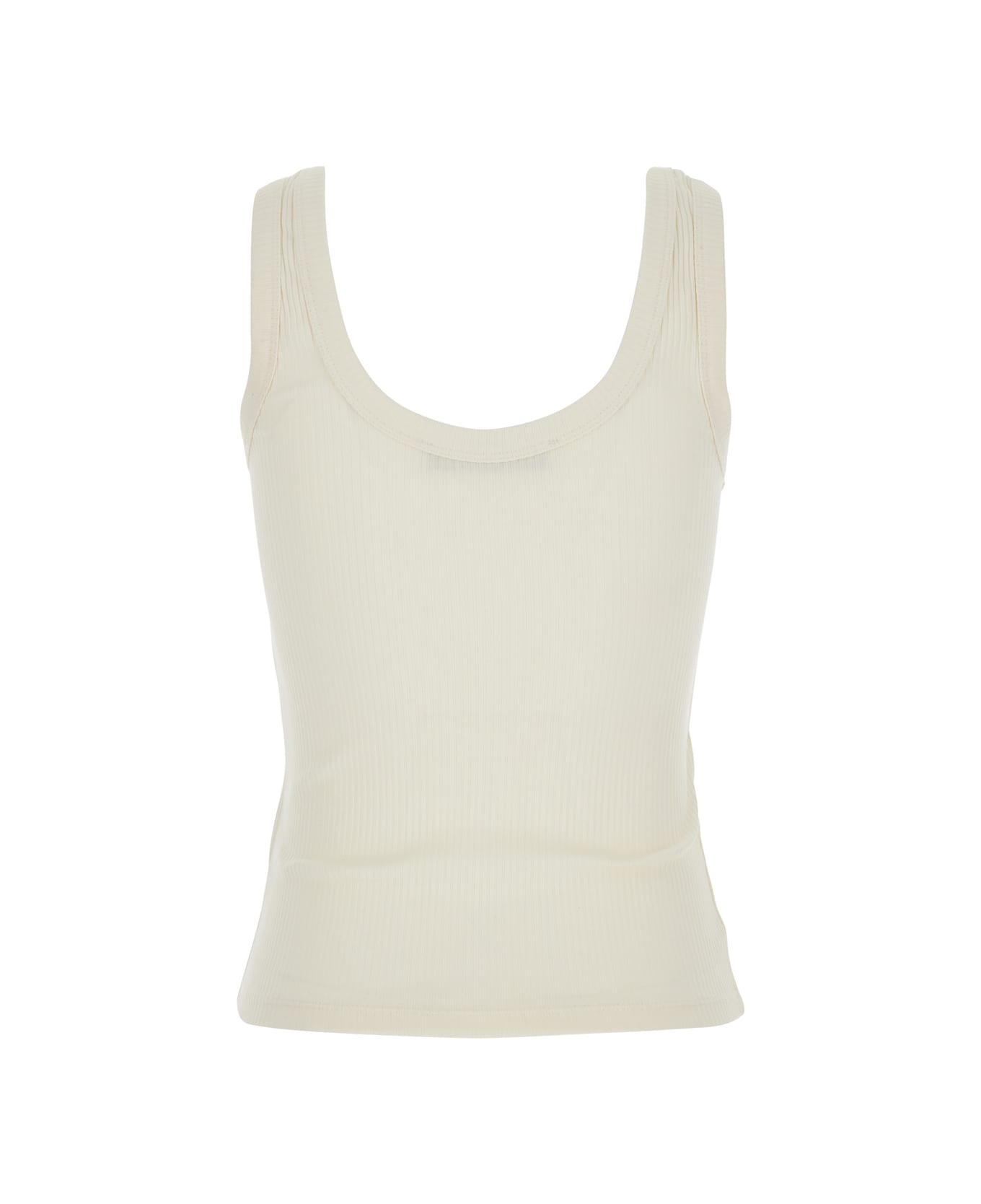 Tela White Ribbed Top With U-neck In Cotton For Woman - White