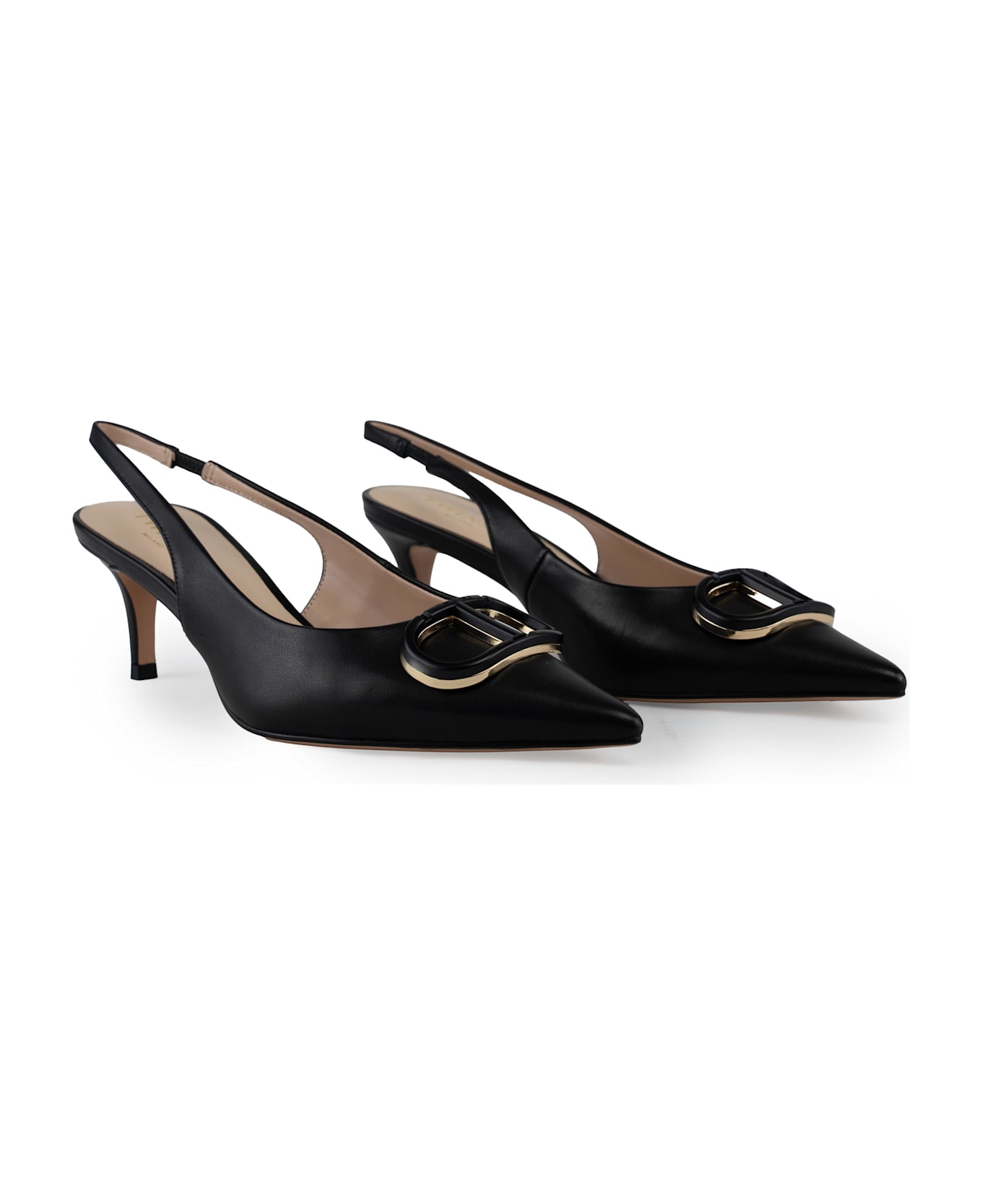 TwinSet Leather Sling Back Pumps With Oval-t Logo - Nero