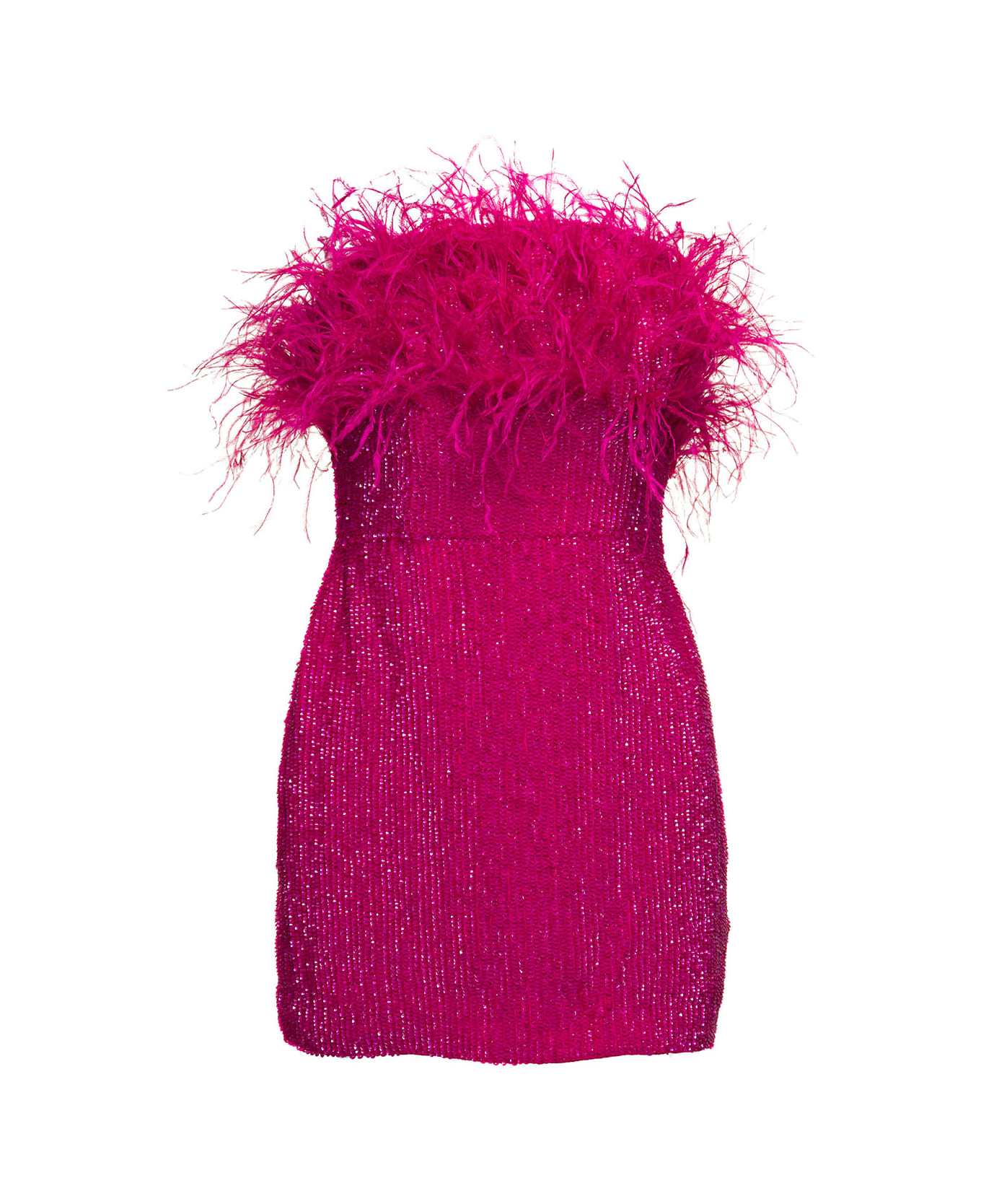 retrofete Pink Sequin Emebllished Mini-dress With Feathers In Viscose Woman - Fuxia