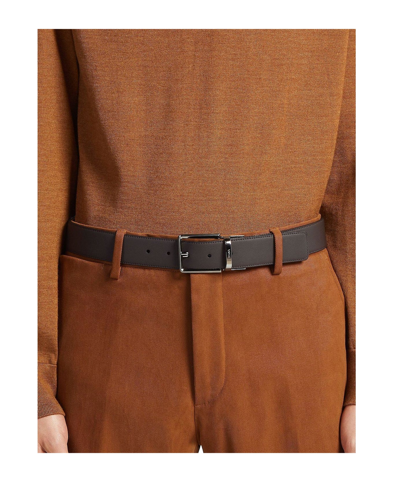 Zegna Logo Engraved Reversible Buckle Belt - DARK BROWN
