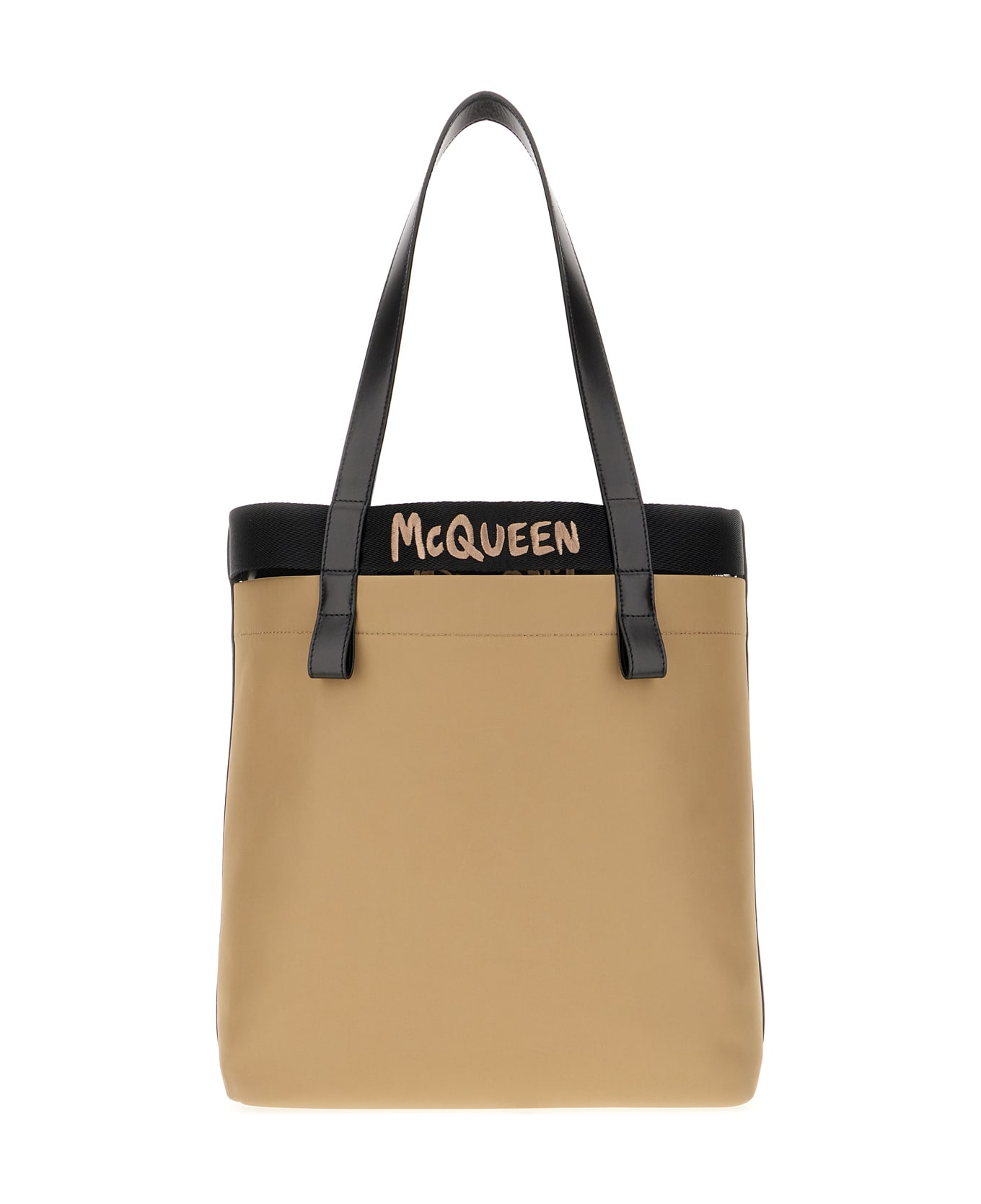 Alexander McQueen Logo Embroidered Shopper Bag - BEIGE BLACK