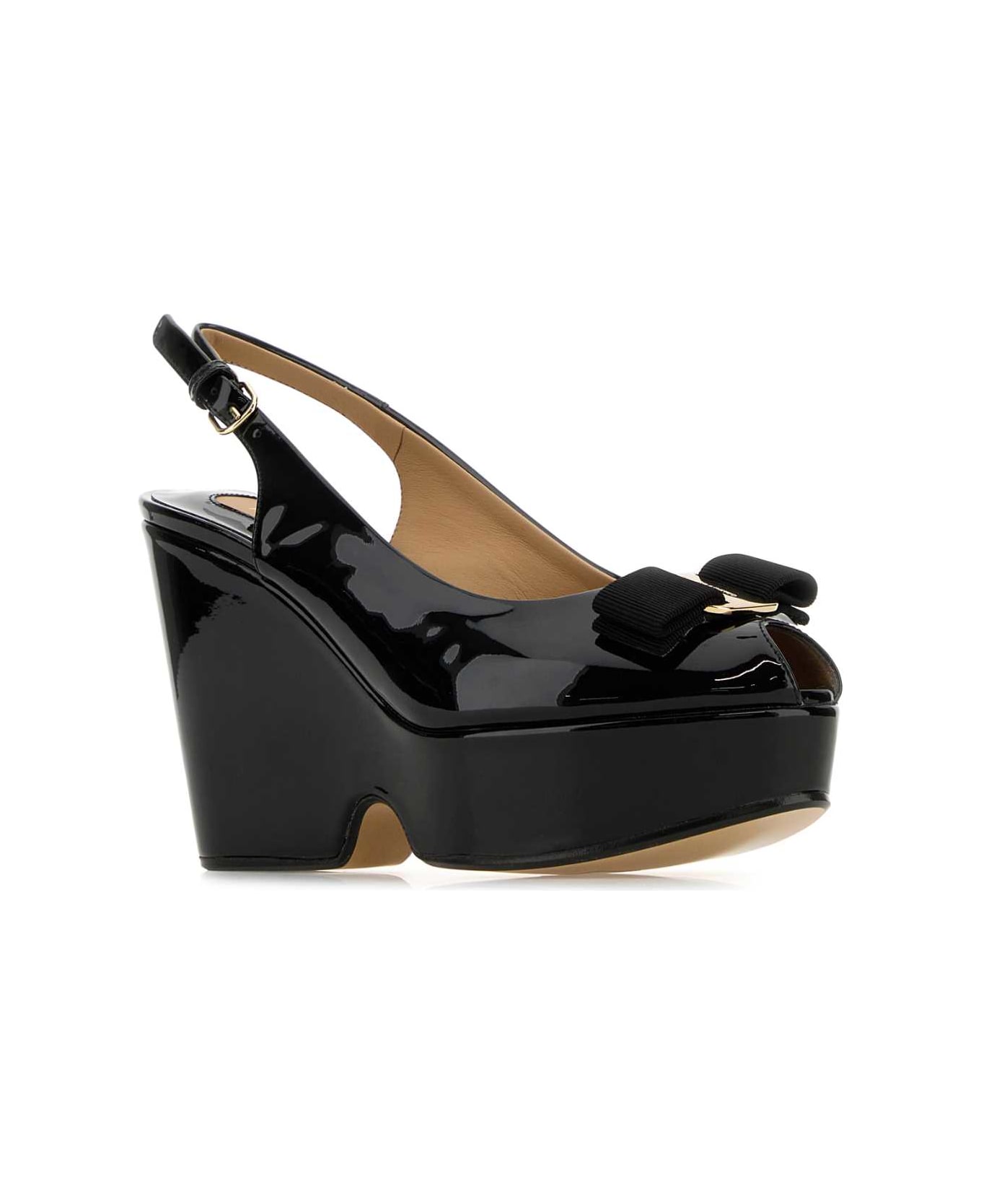 Ferragamo Black Leather Lally Wedges - NEROBISCOTTO