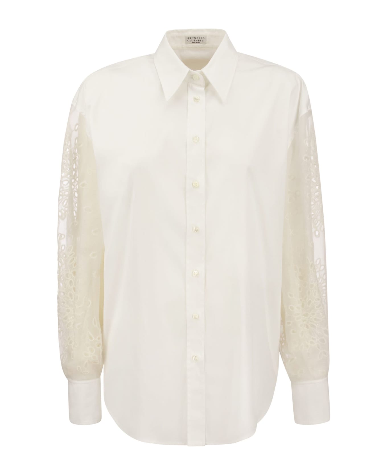 Brunello Cucinelli Stretch Cotton Poplin Shirt With Crispy Silk Broderie Anglaise Sleeve - White
