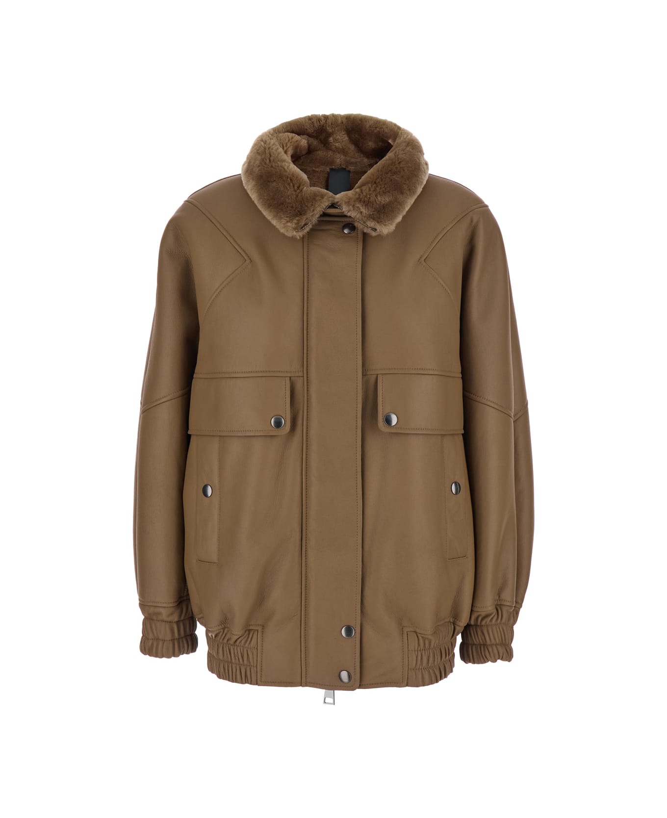 Blancha Brown Bomber Jacket With Fur Collar And Patch Pockets In Leather Woman - Brown