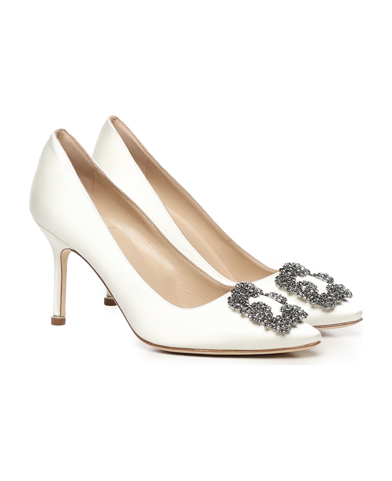 Manolo Blahnik Hangisi Pumps With White Satin Jeweled Buckle - White