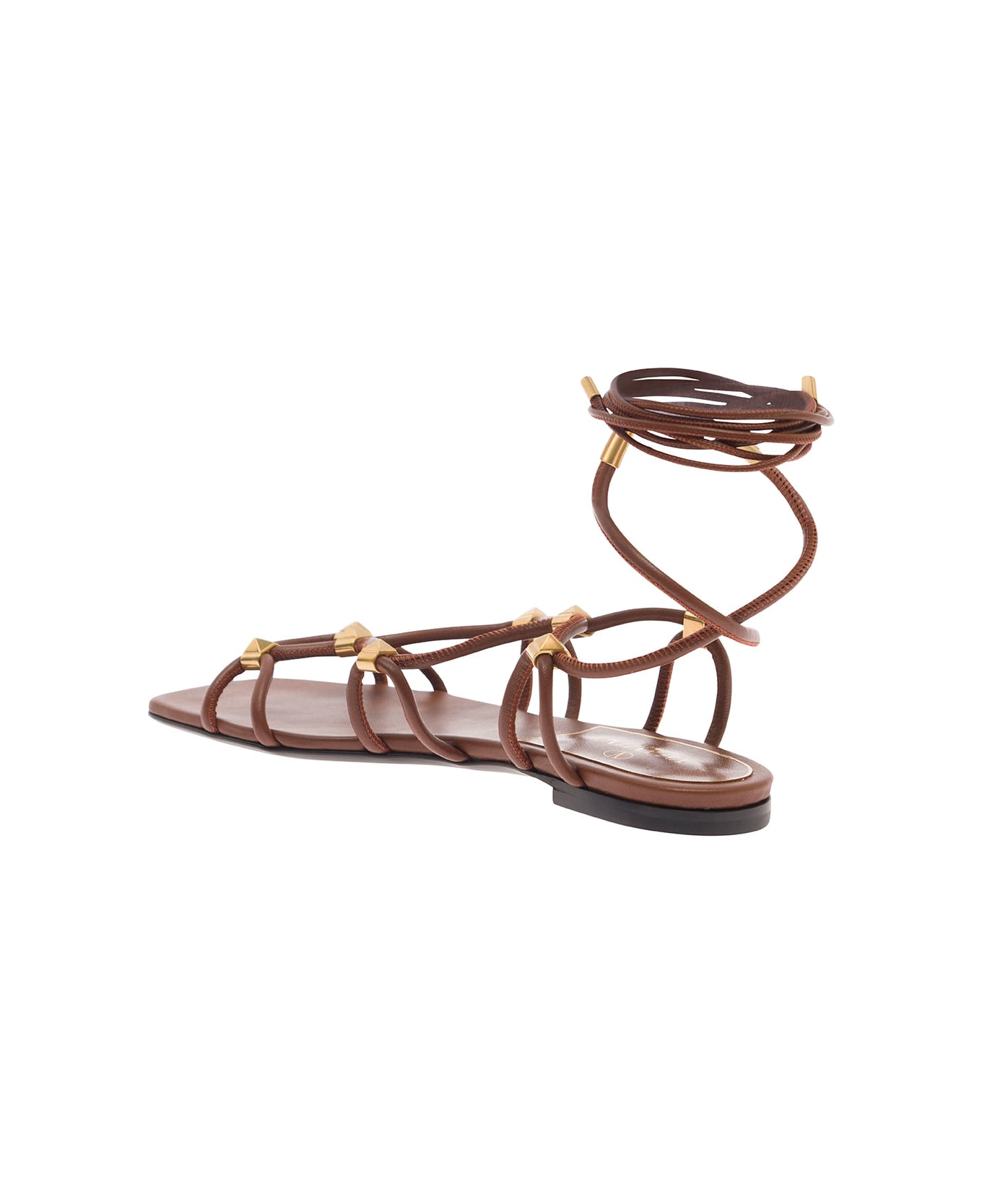 Valentino Garavani Brown Flat Sandals With Signature Studs And Ankle Strap In Leather Woman サンダル