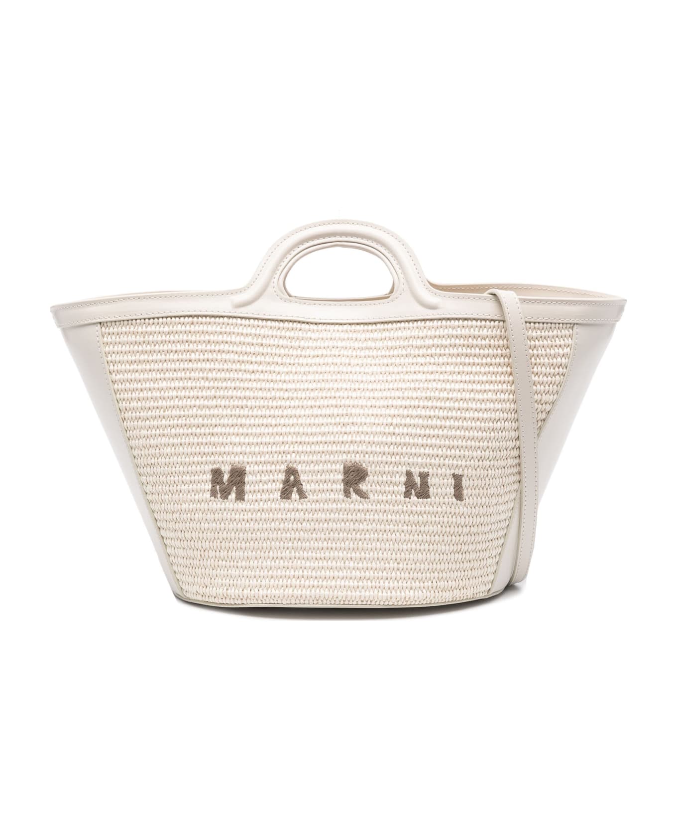 Marni Shell Tropicalia Summer Bag In Leather And Raffia - White