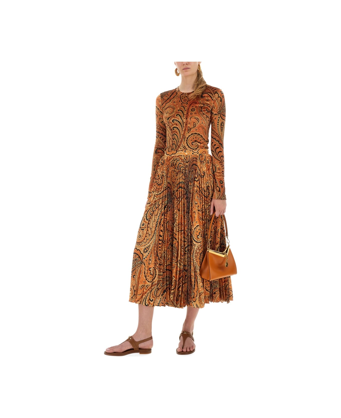 Etro Pleated Sablé Skirt With Print - ORANGE