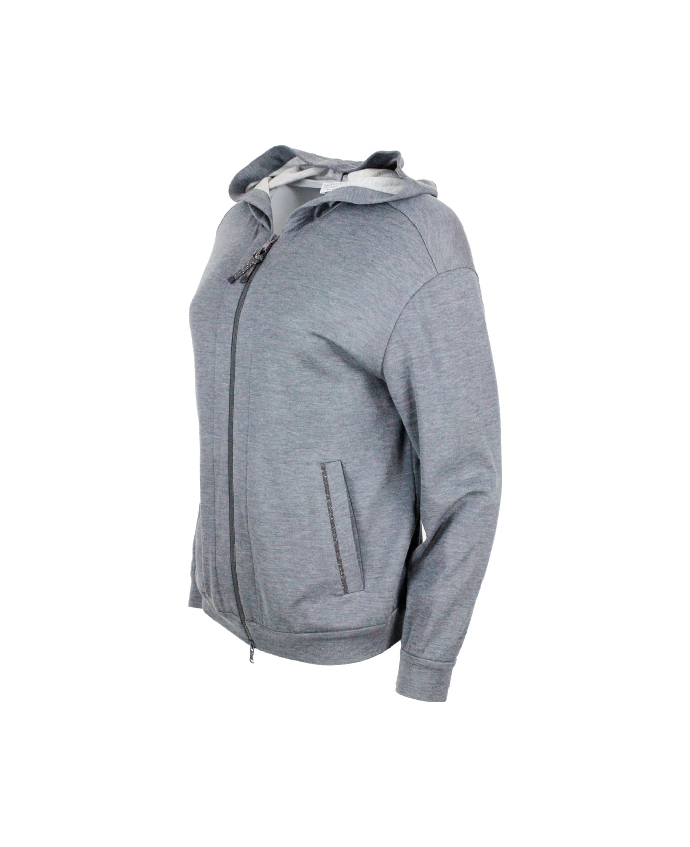 Brunello Cucinelli Cotton And Silk Sweatshirt With Hood And Monili On The Zip - Grey