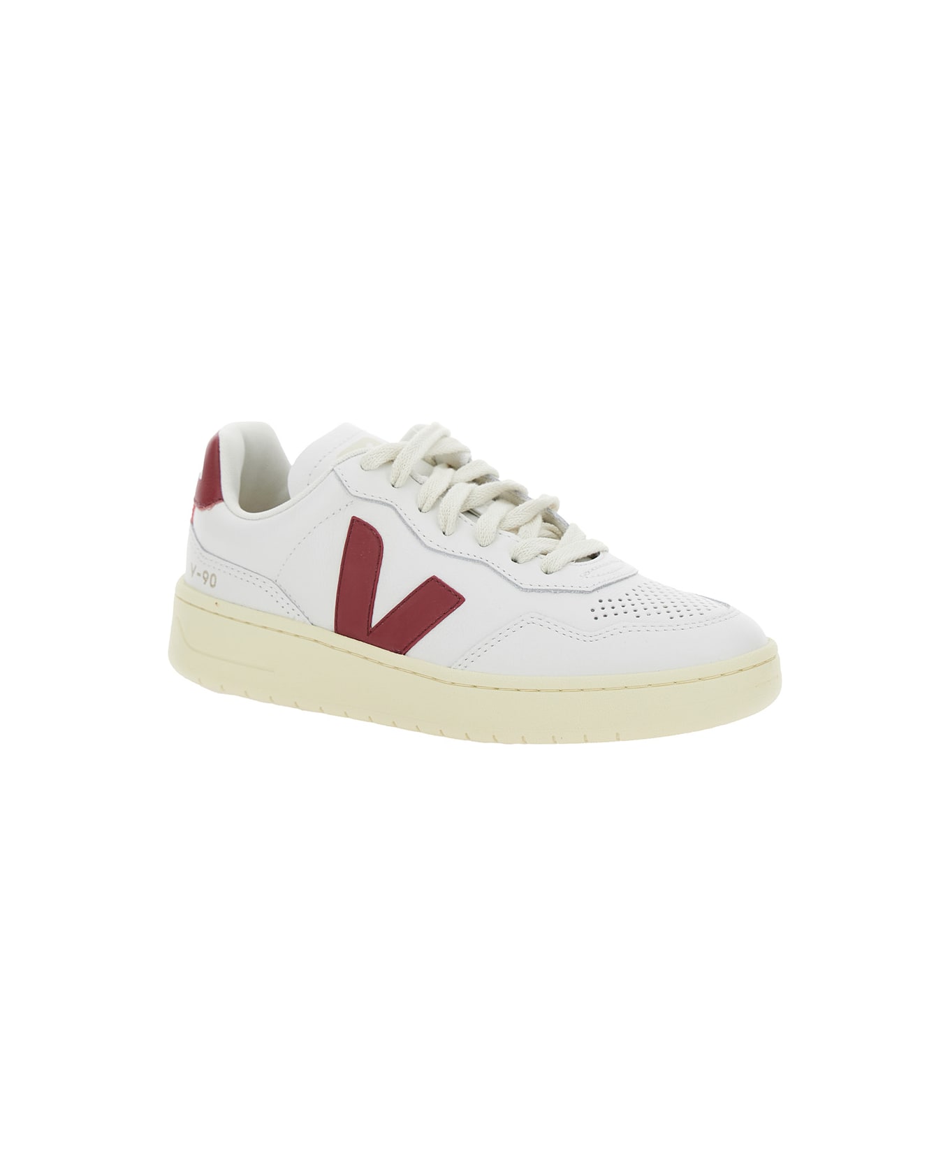 Veja 
v-90
 White Low Top Sneakers With Logo Patch In Leather Woman - Extra White Marsala
