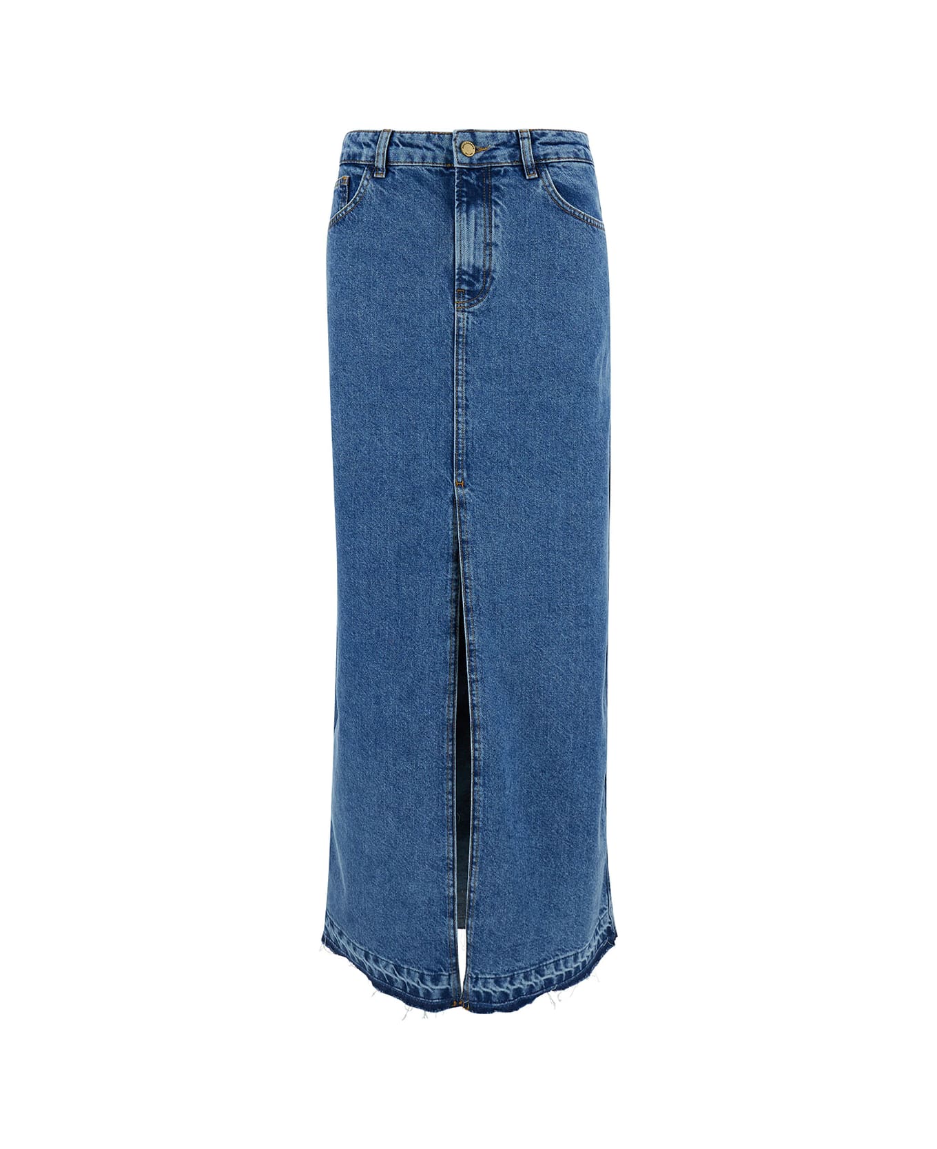 Philosophy di Lorenzo Serafini Maxi Light Blue Skirt With Split And Logo check-print In Cotton filo Denim Woman - Blu