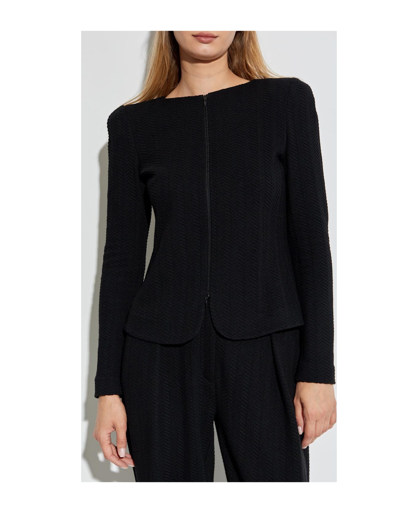 Emporio Armani Herringbone Pattern Cardigan - Black
