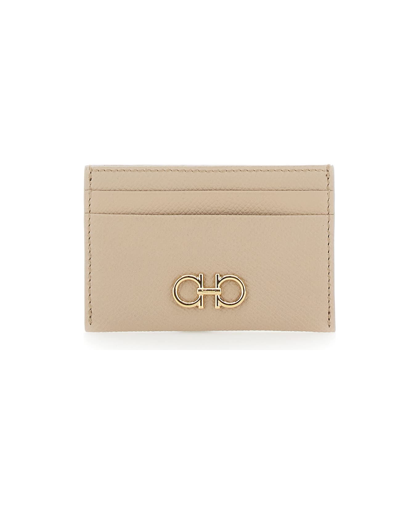 Ferragamo Beige Card-holder With Gancini Detail In Hammered Leather Woman - Beige