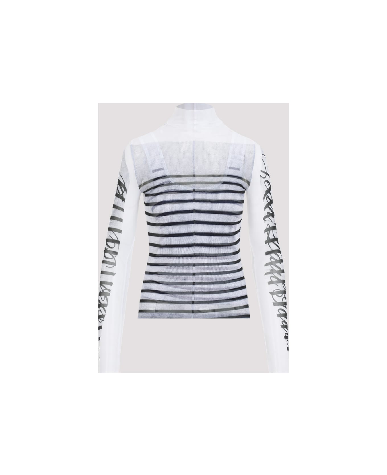 Jean Paul Gaultier Spandex Mesh Printed Feathers Mariniere Top - White Navy Black